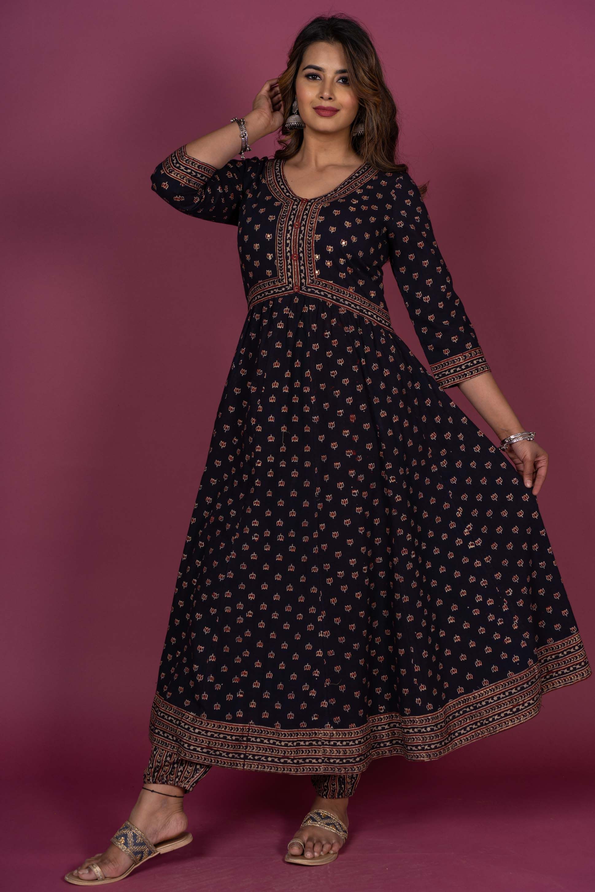 Black Ajrakh Block Printed Anarkali Kurta 