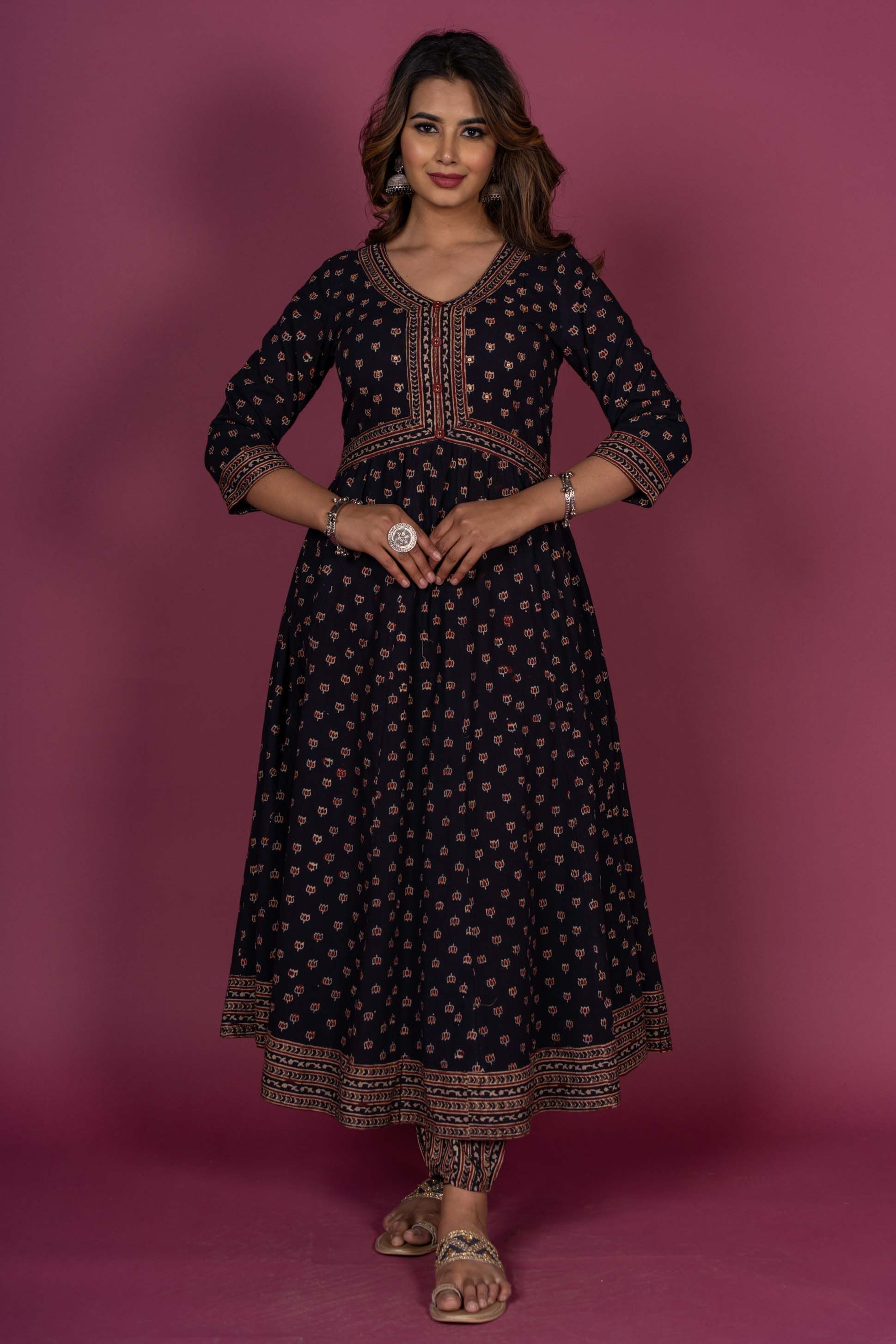 Black Ajrakh Block Printed Anarkali Kurta 