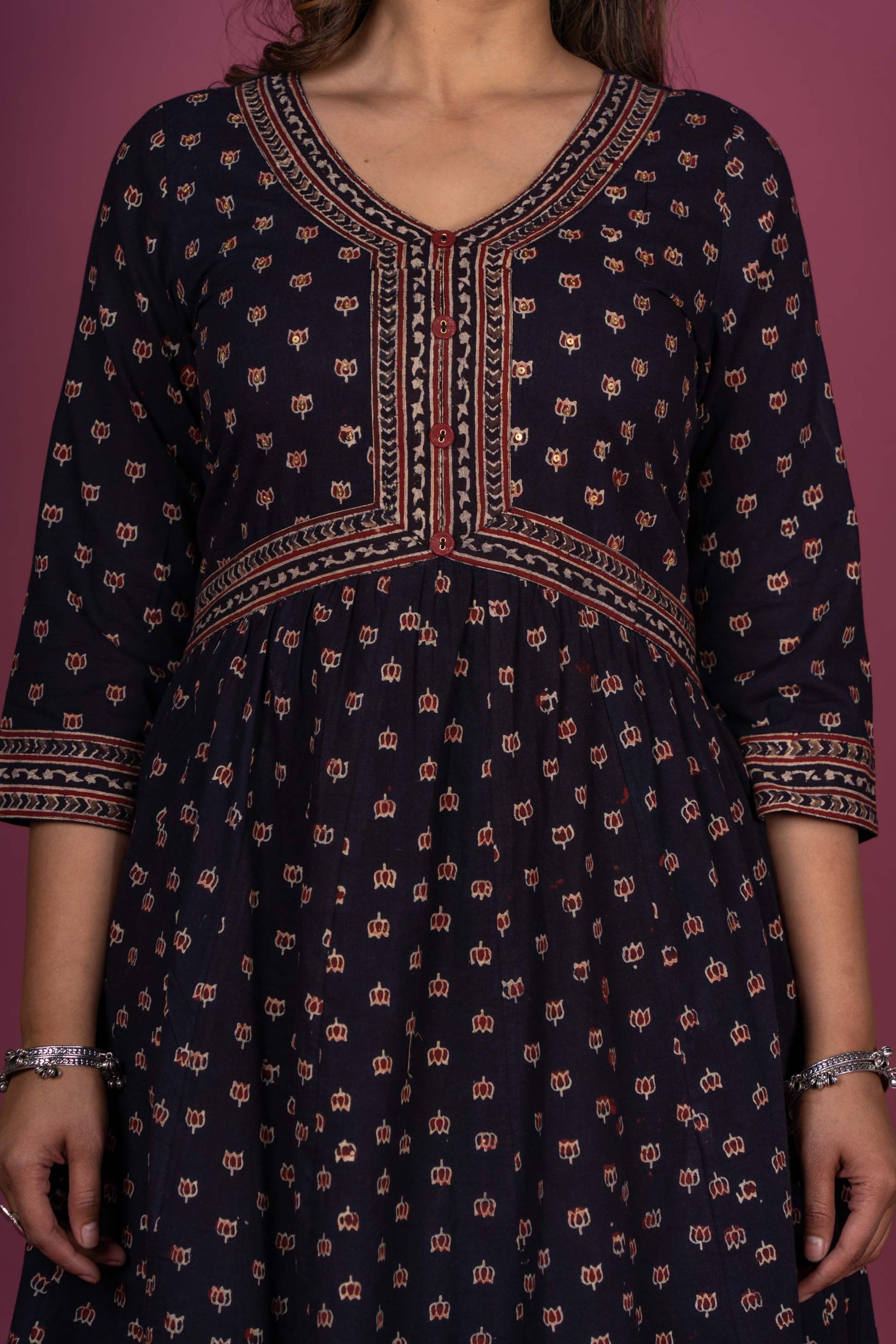 Black Ajrakh Block Printed Anarkali Kurta 