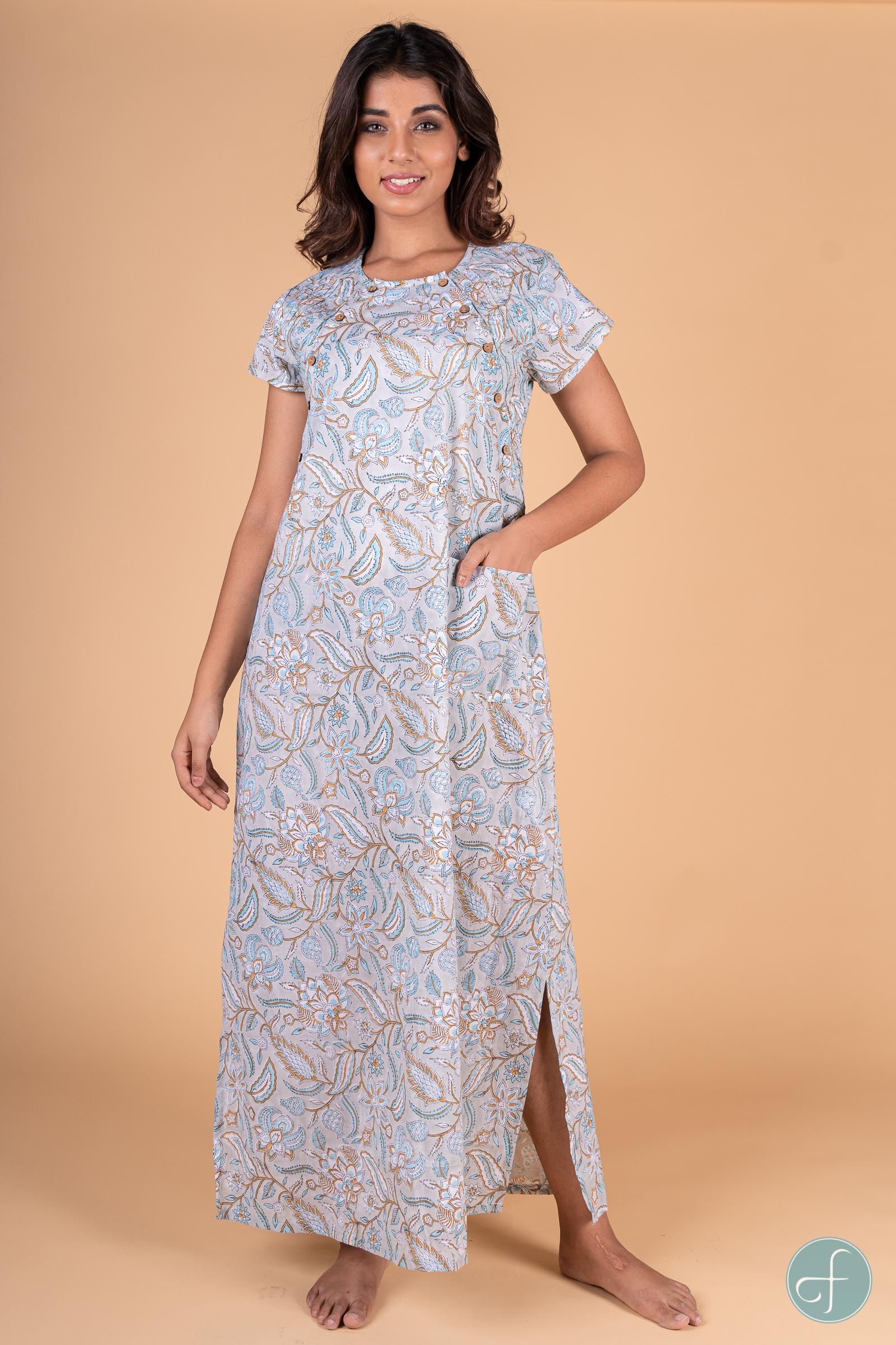 Blue Grey Block Print Feeding Gown