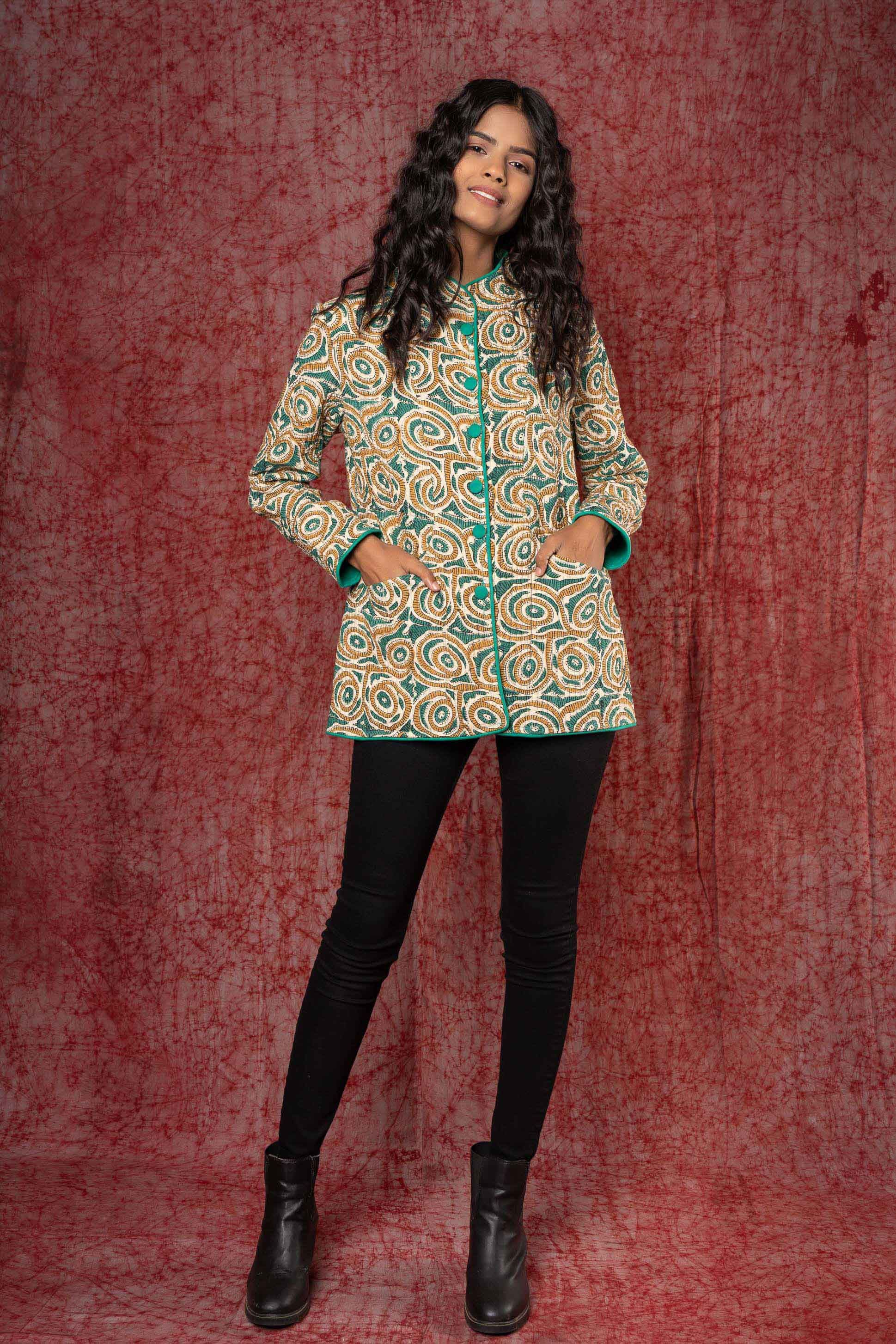 Green Block Printed Cotton Quilted Jacket