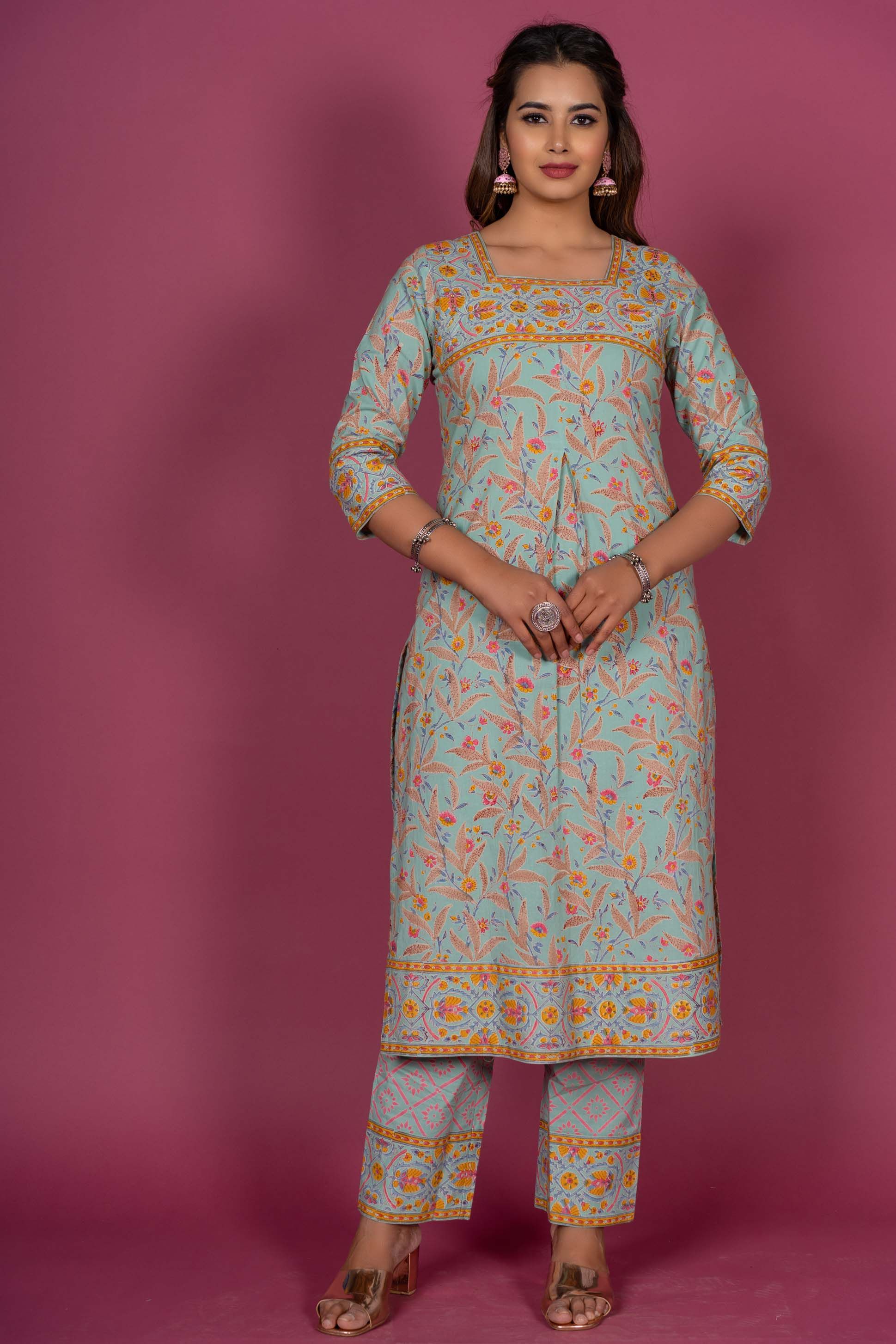 Greengage Block Printed Kurta Set 