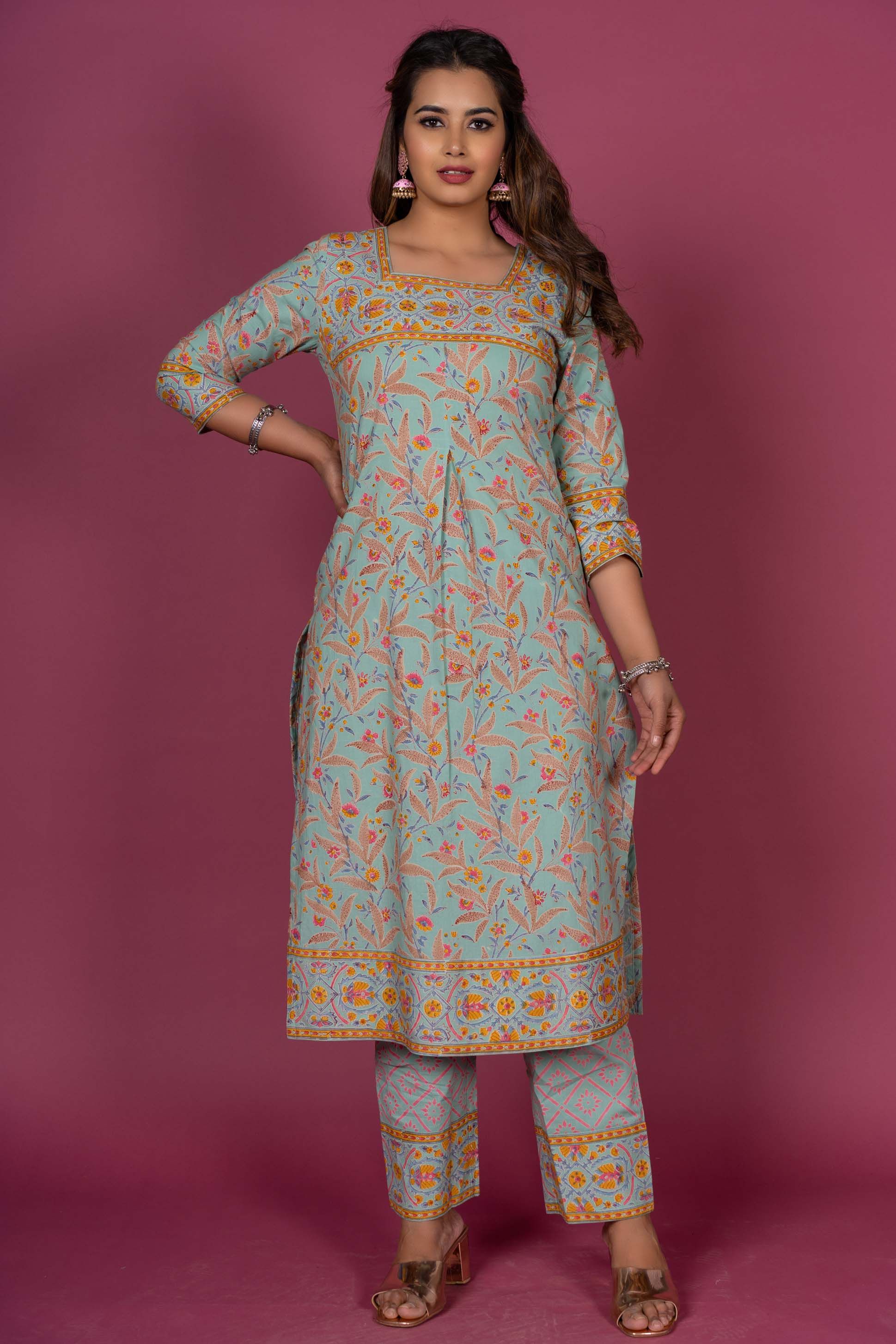 Greengage Block Printed Kurta Set 