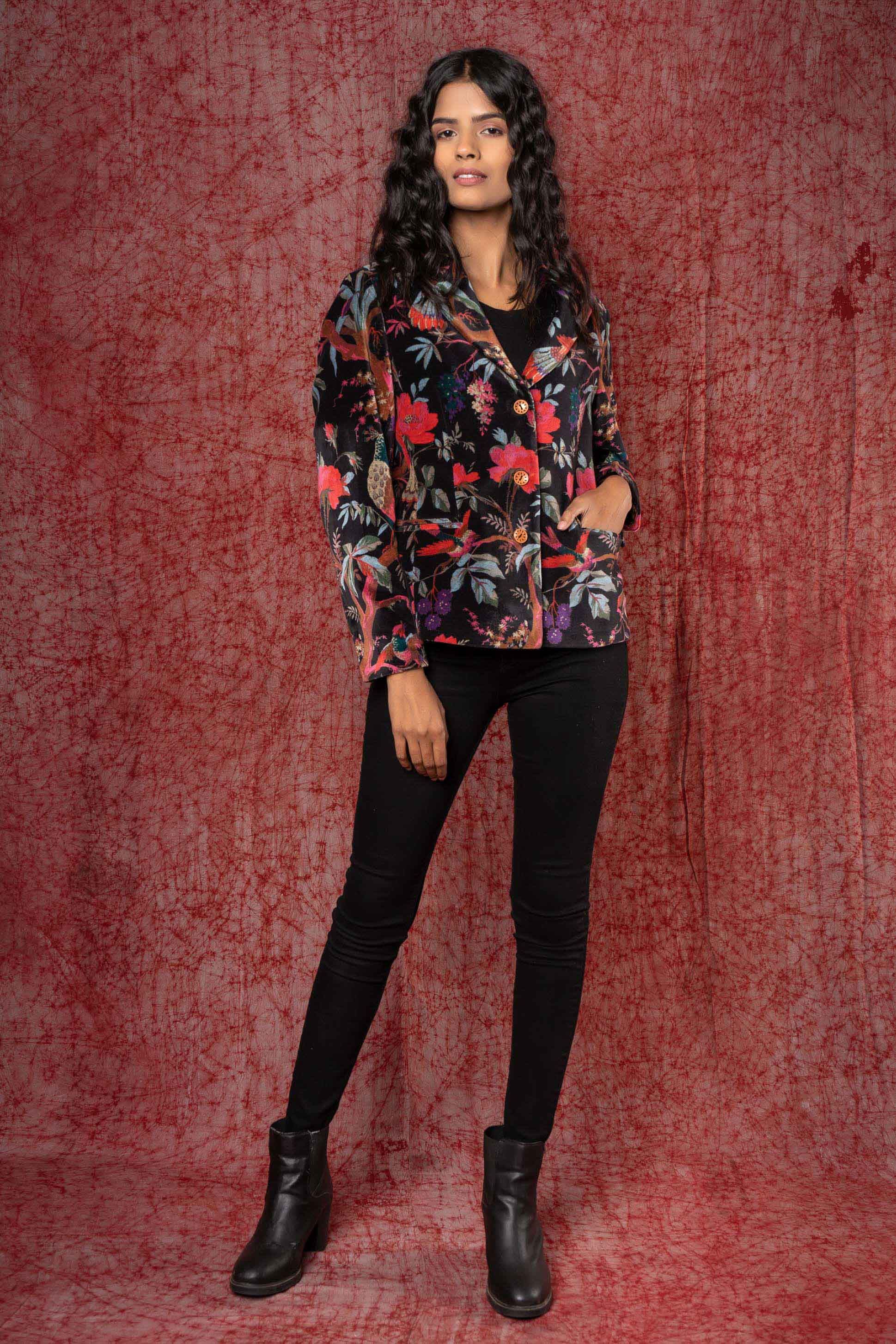 Black Printed Velvet Winter Blazer Nvqj406(m)