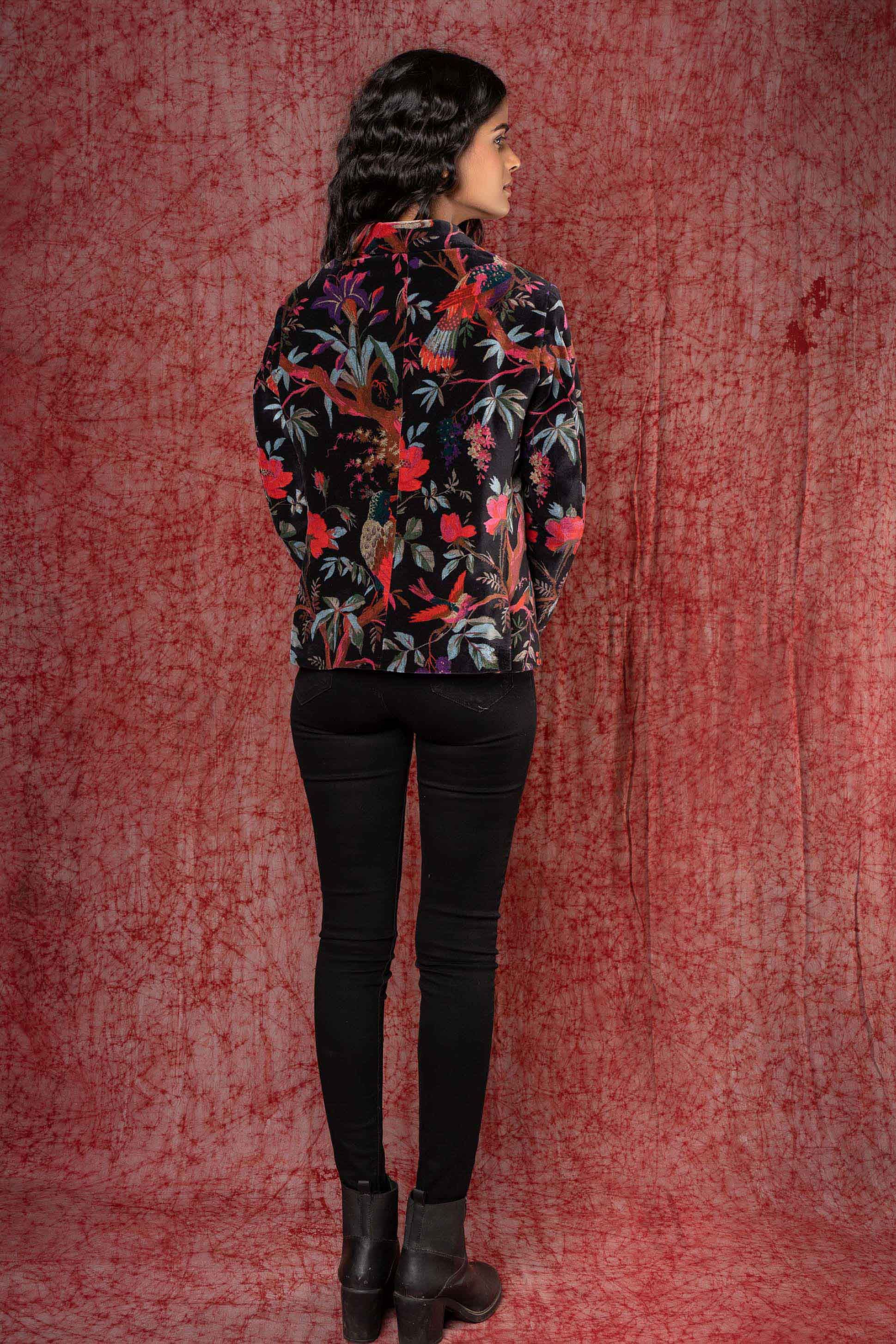 Black Printed Velvet Winter Blazer Nvqj406(m)