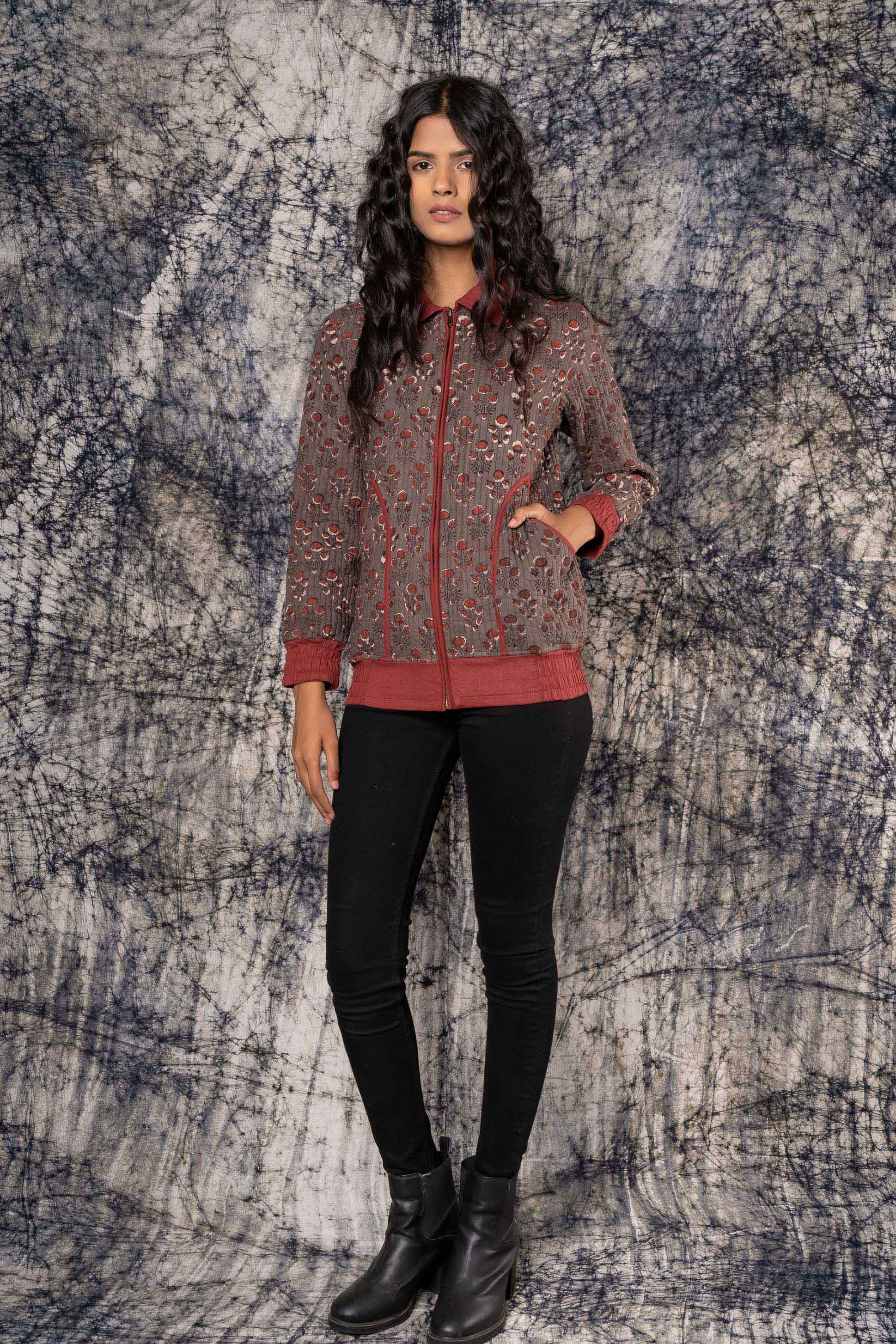 Kashish Grey Cotton Quilted Bomber Jacket