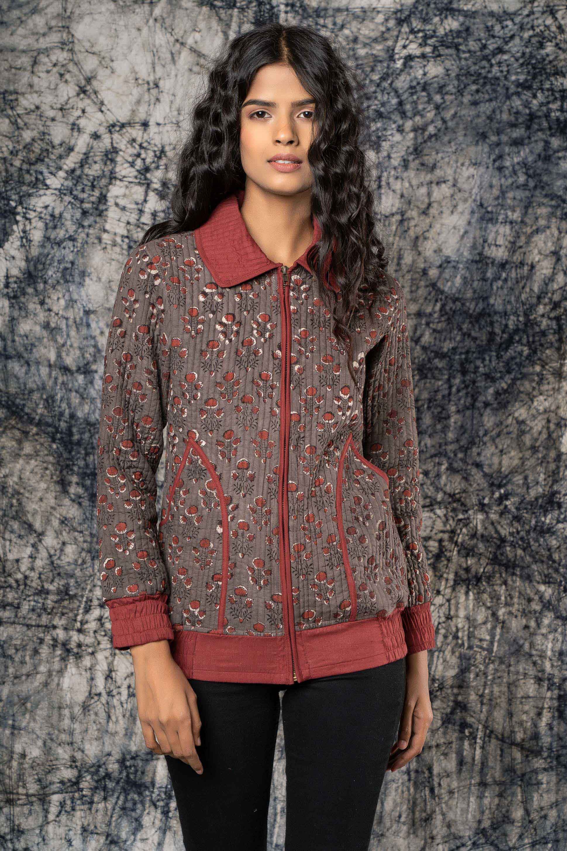 Kashish Grey Cotton Quilted Bomber Jacket