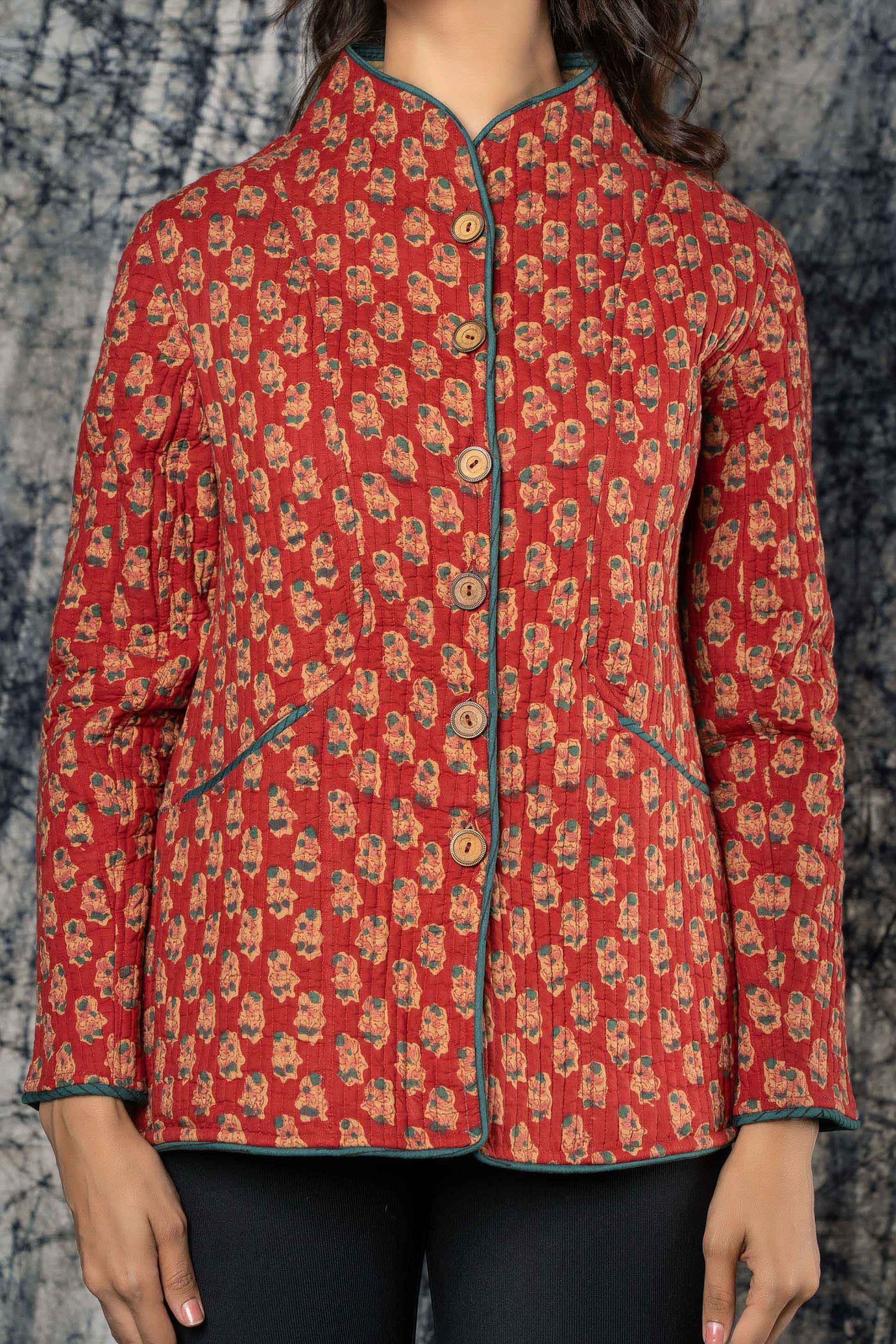 Red Block Printed Cotton Quilted Jacket