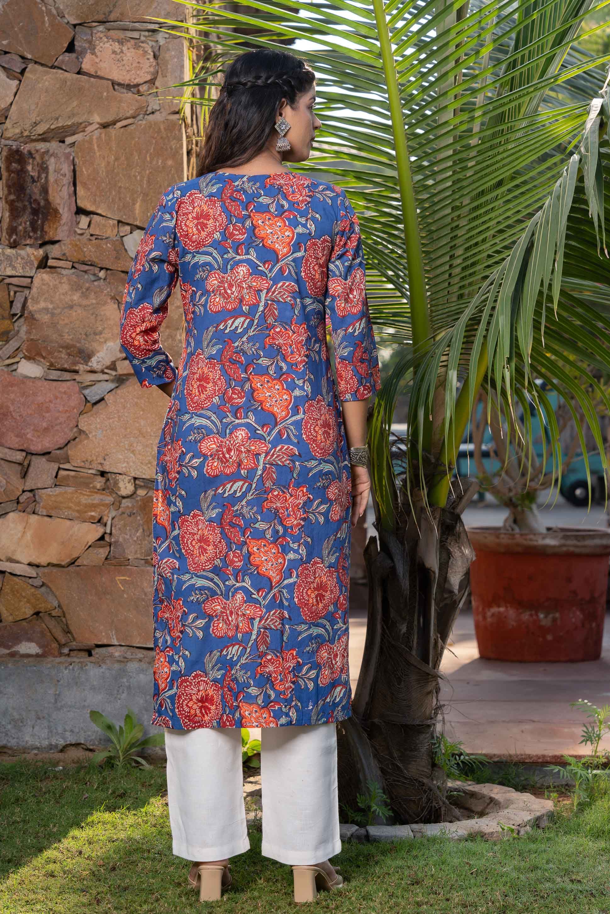 Blue Floral Printed Kurta 