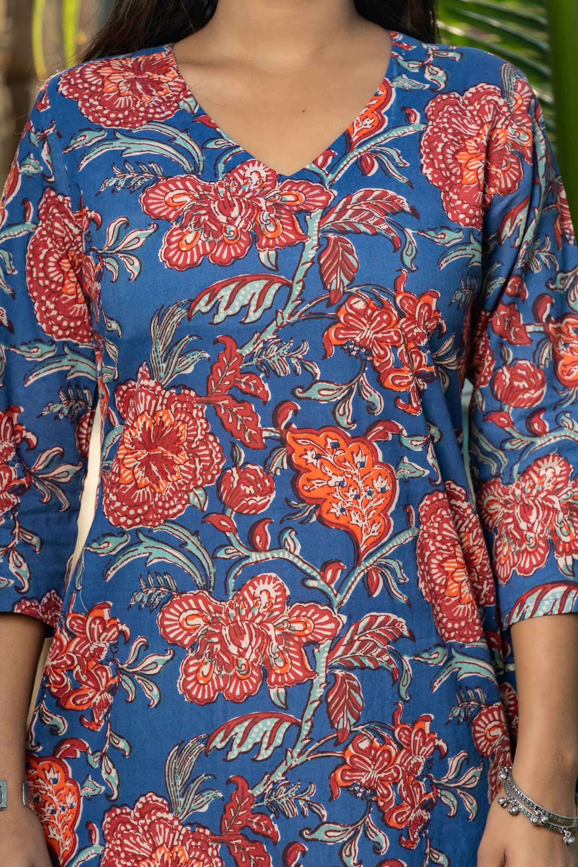 Blue Floral Printed Kurta 