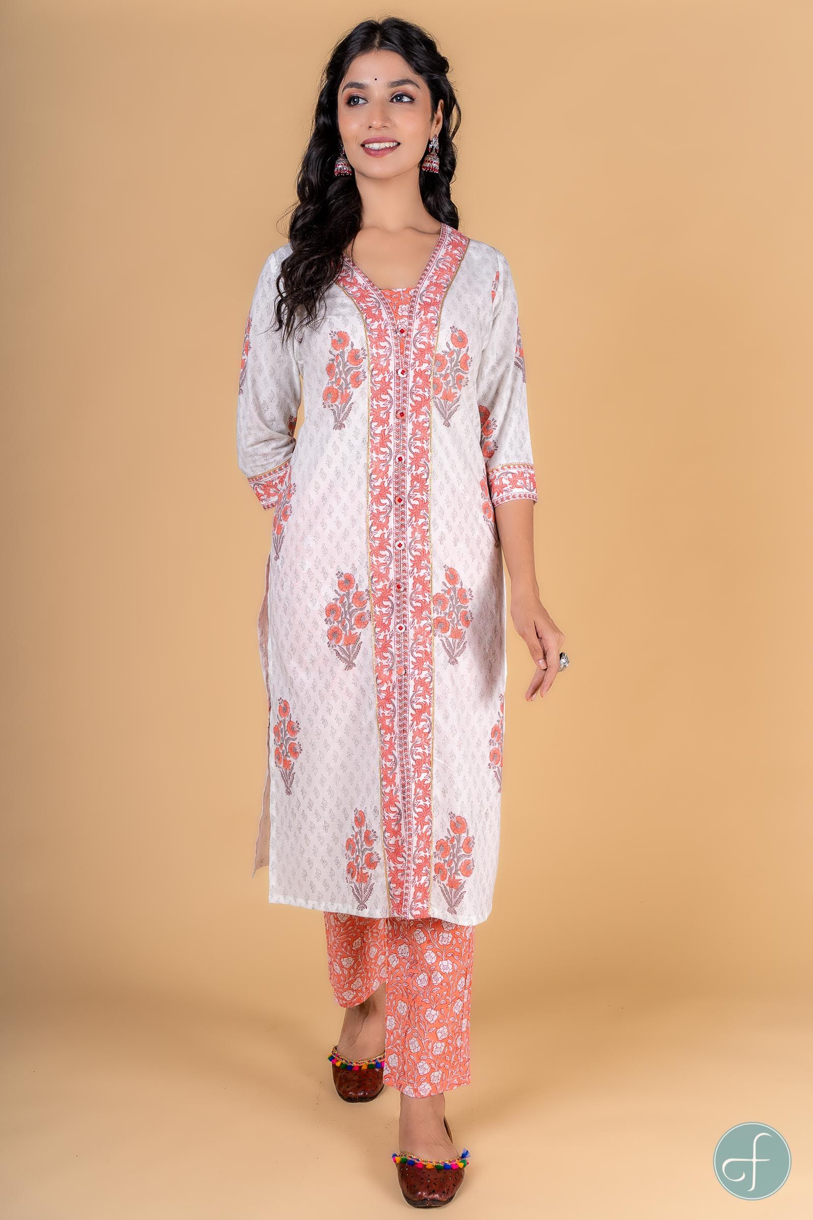 Melon Peach Block Printed Kurta 