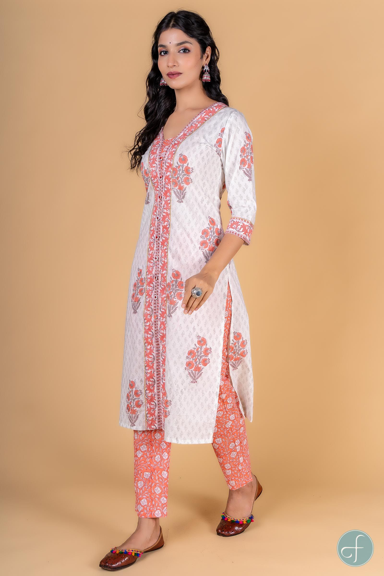 Melon Peach Block Printed Kurta 