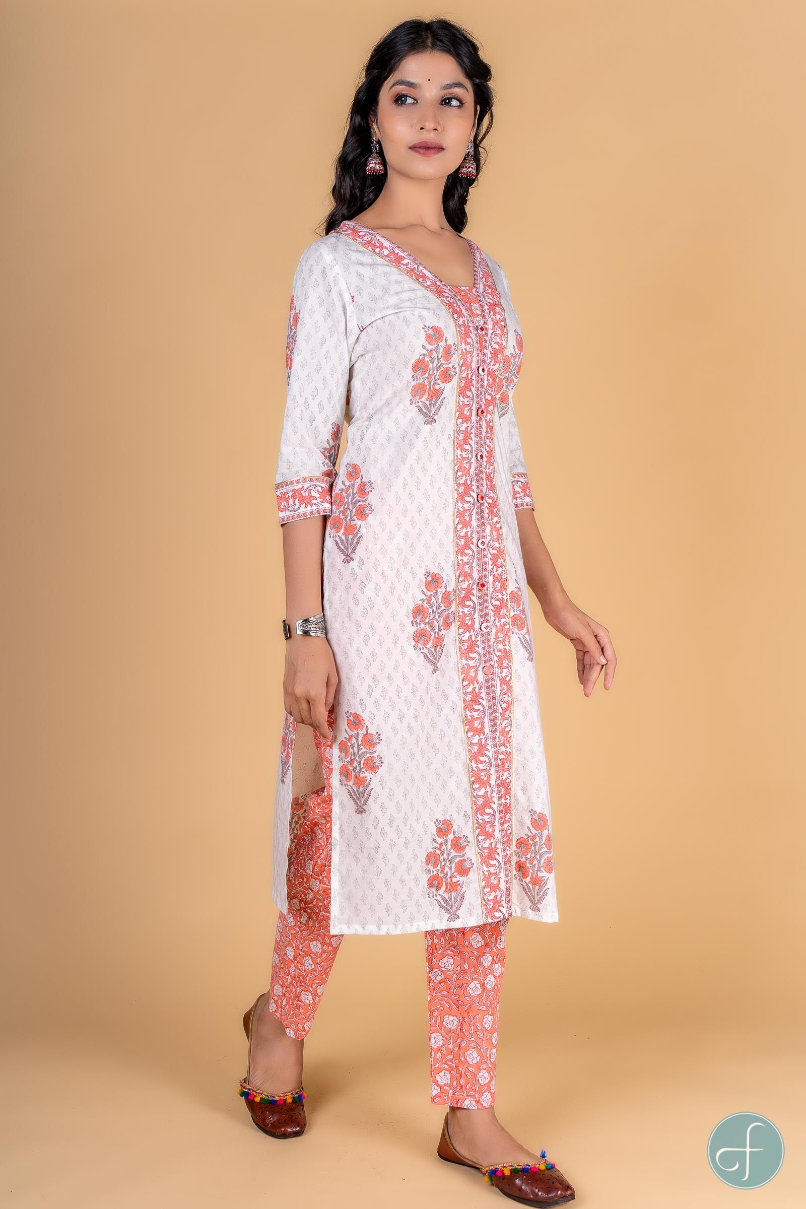 Melon Peach Block Printed Kurta 