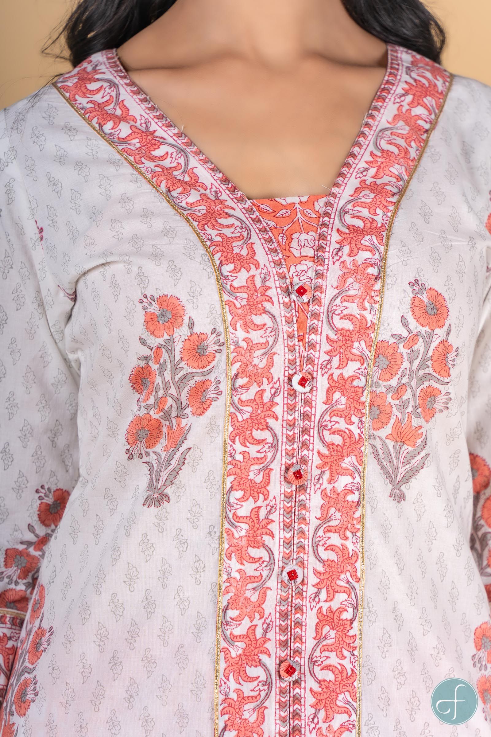 Melon Peach Block Printed Kurta 