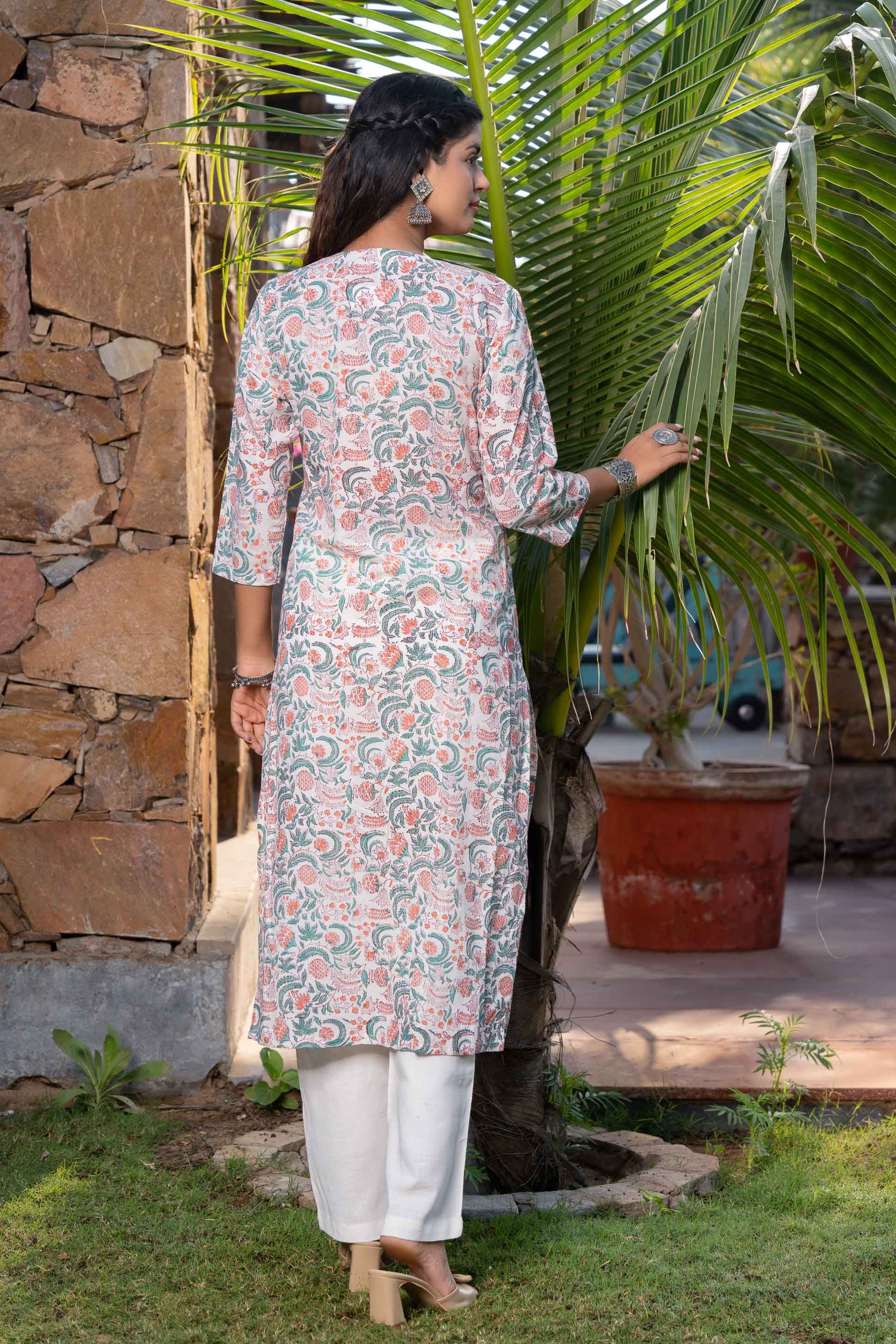 Green Orange Floral Printed Kurta 