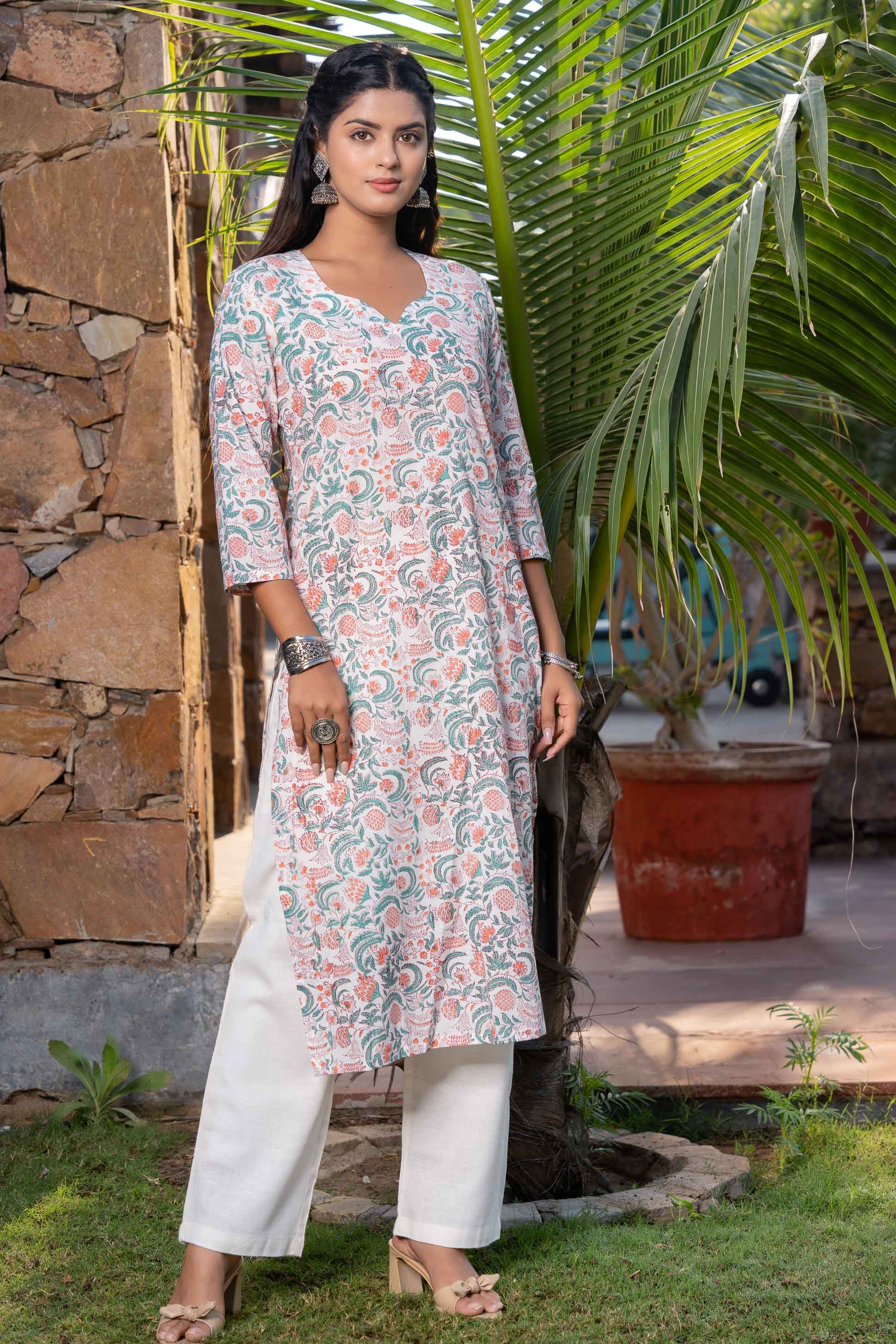 Green Orange Floral Printed Kurta 