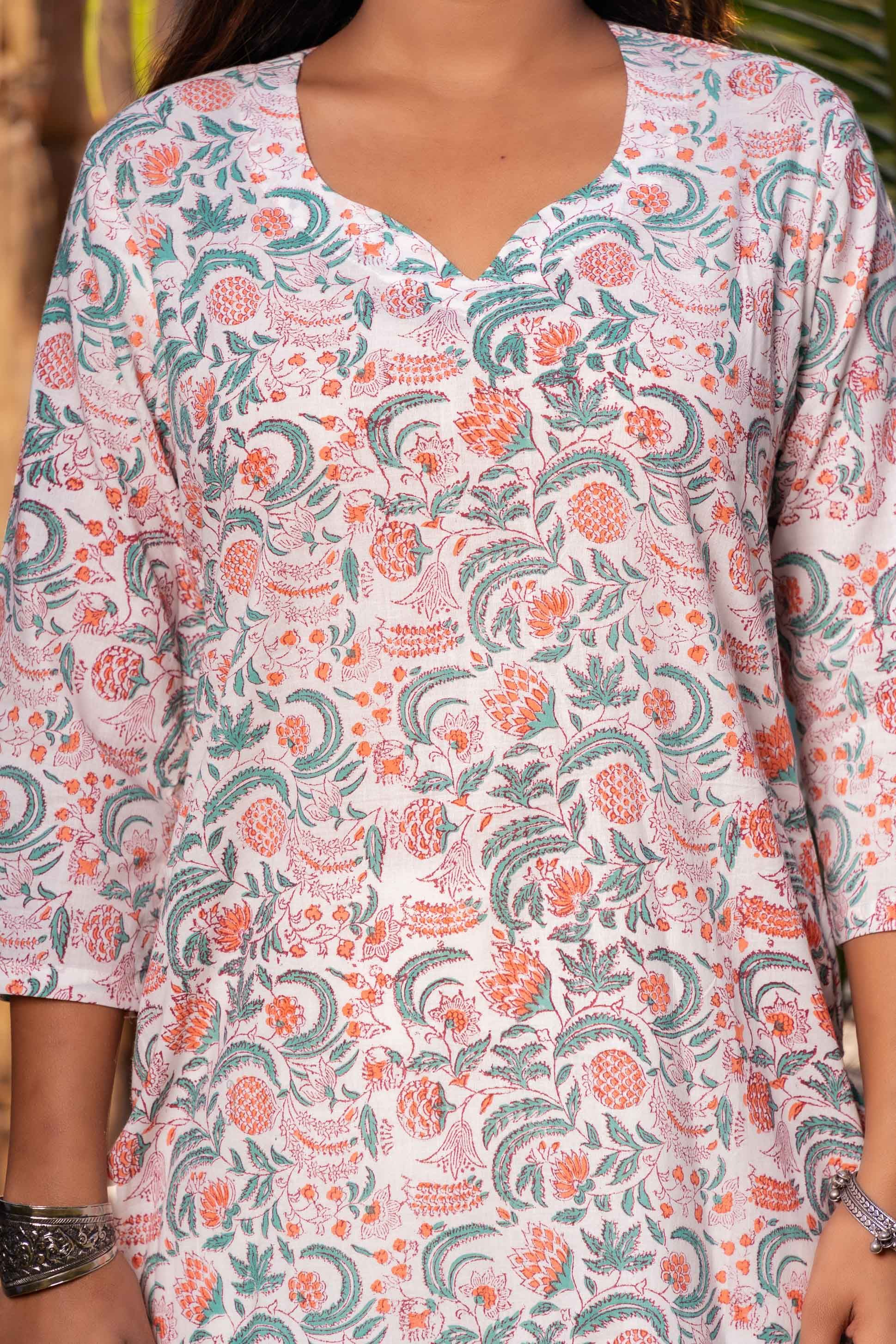 Green Orange Floral Printed Kurta 