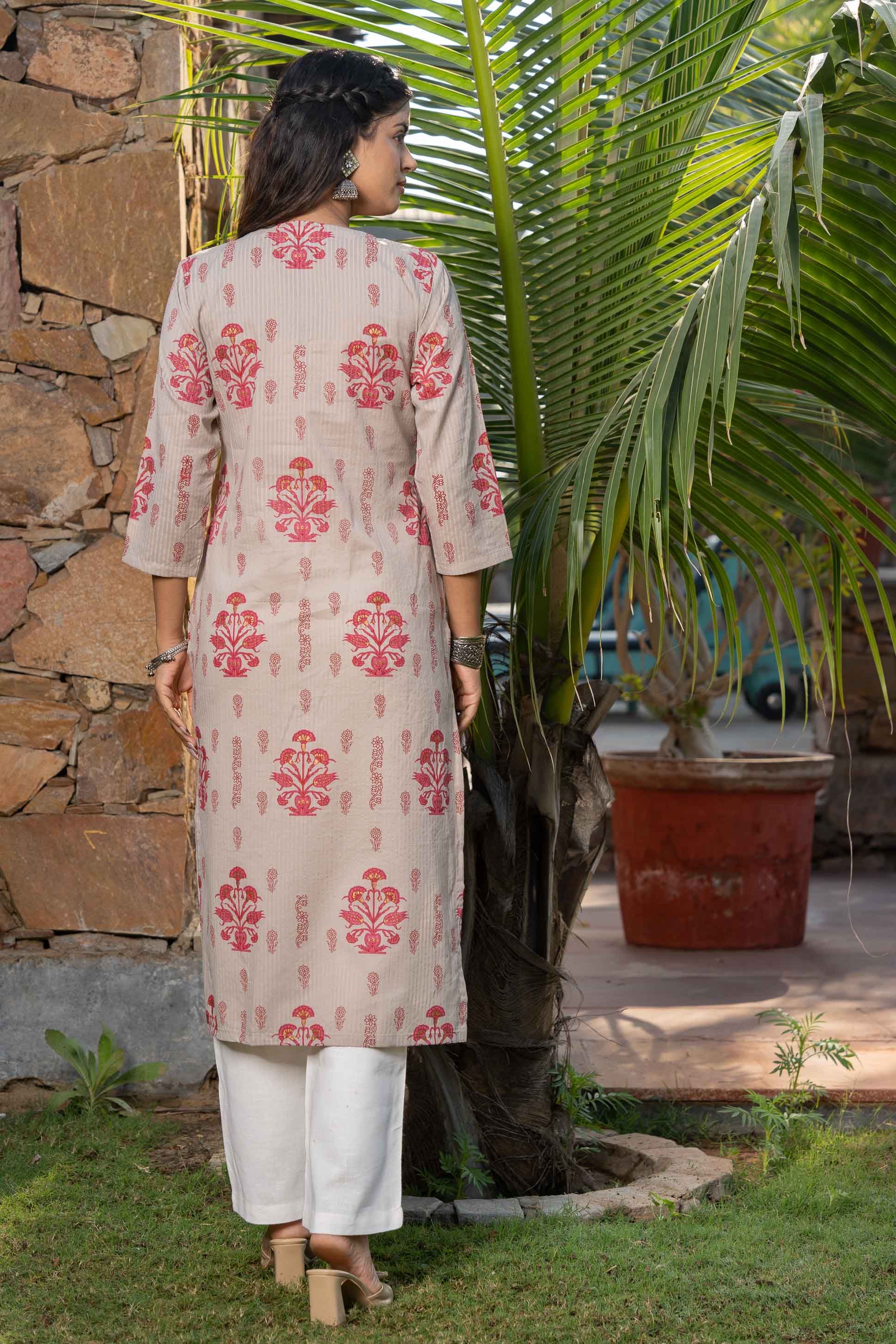 Grey Pink Floral Printed Kurta 