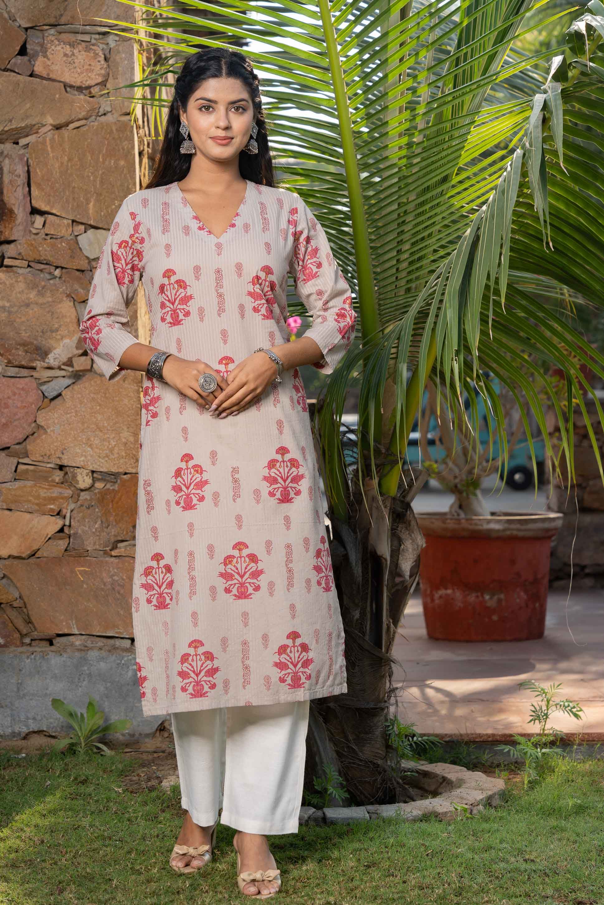 Grey Pink Floral Printed Kurta 