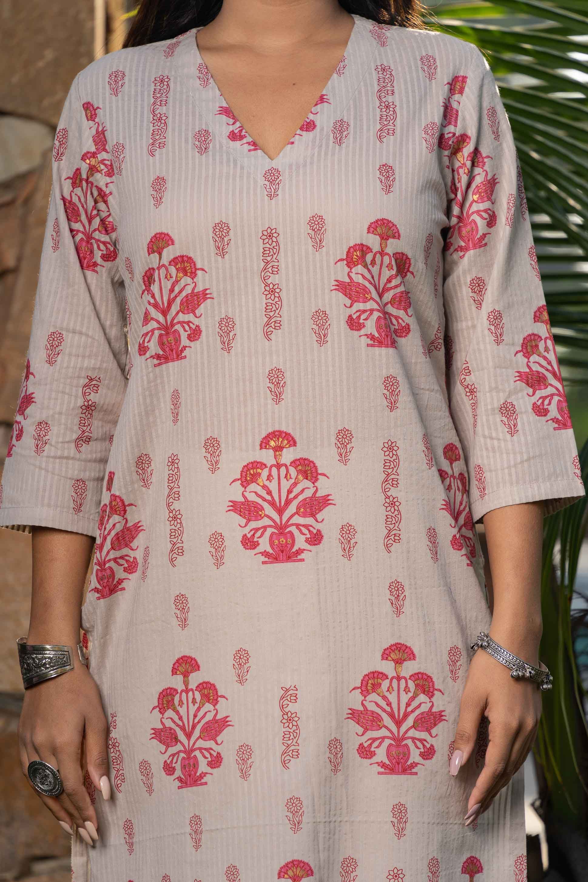 Grey Pink Floral Printed Kurta 