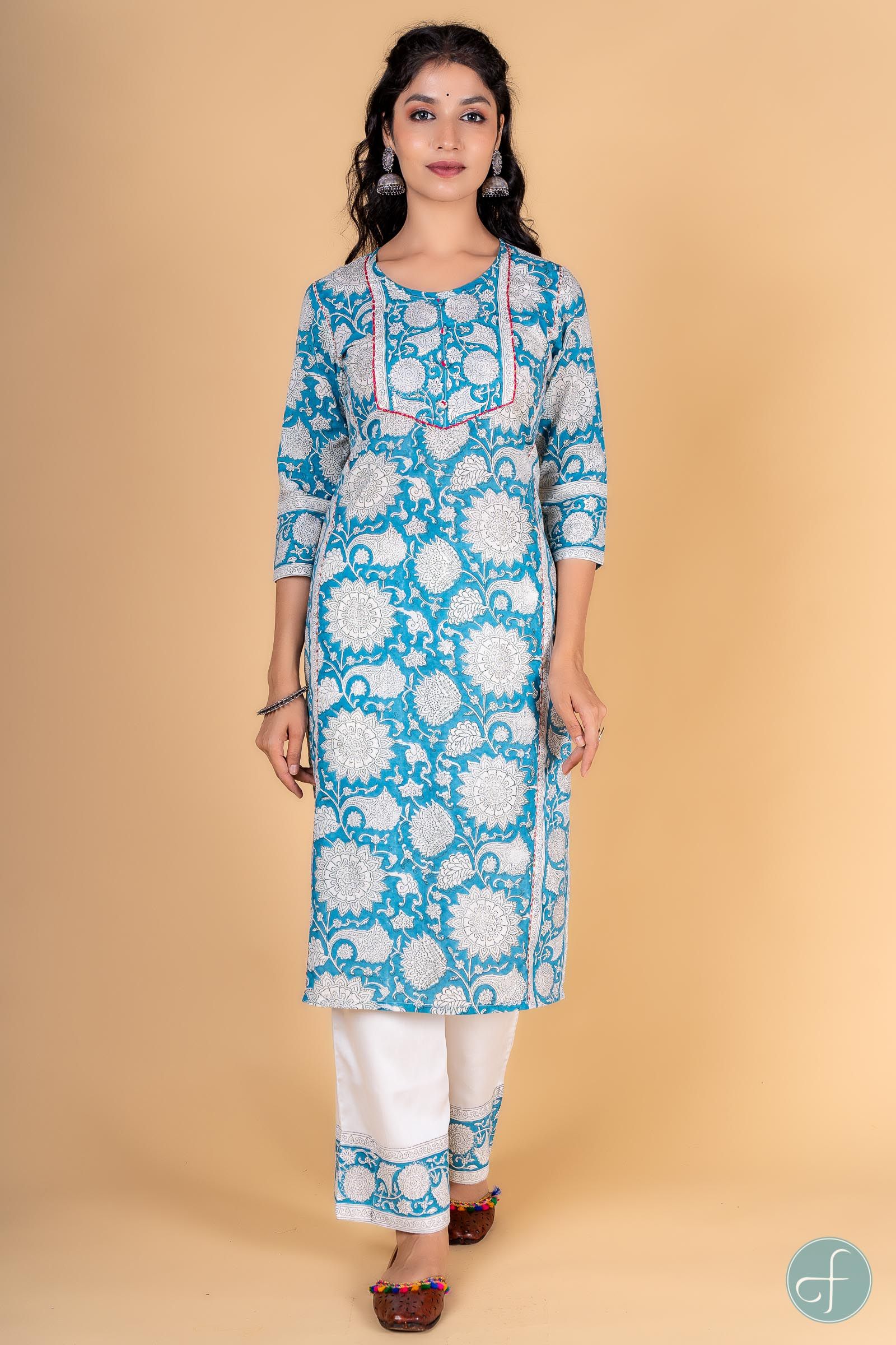 Breezy Blue Block Printed Kurta