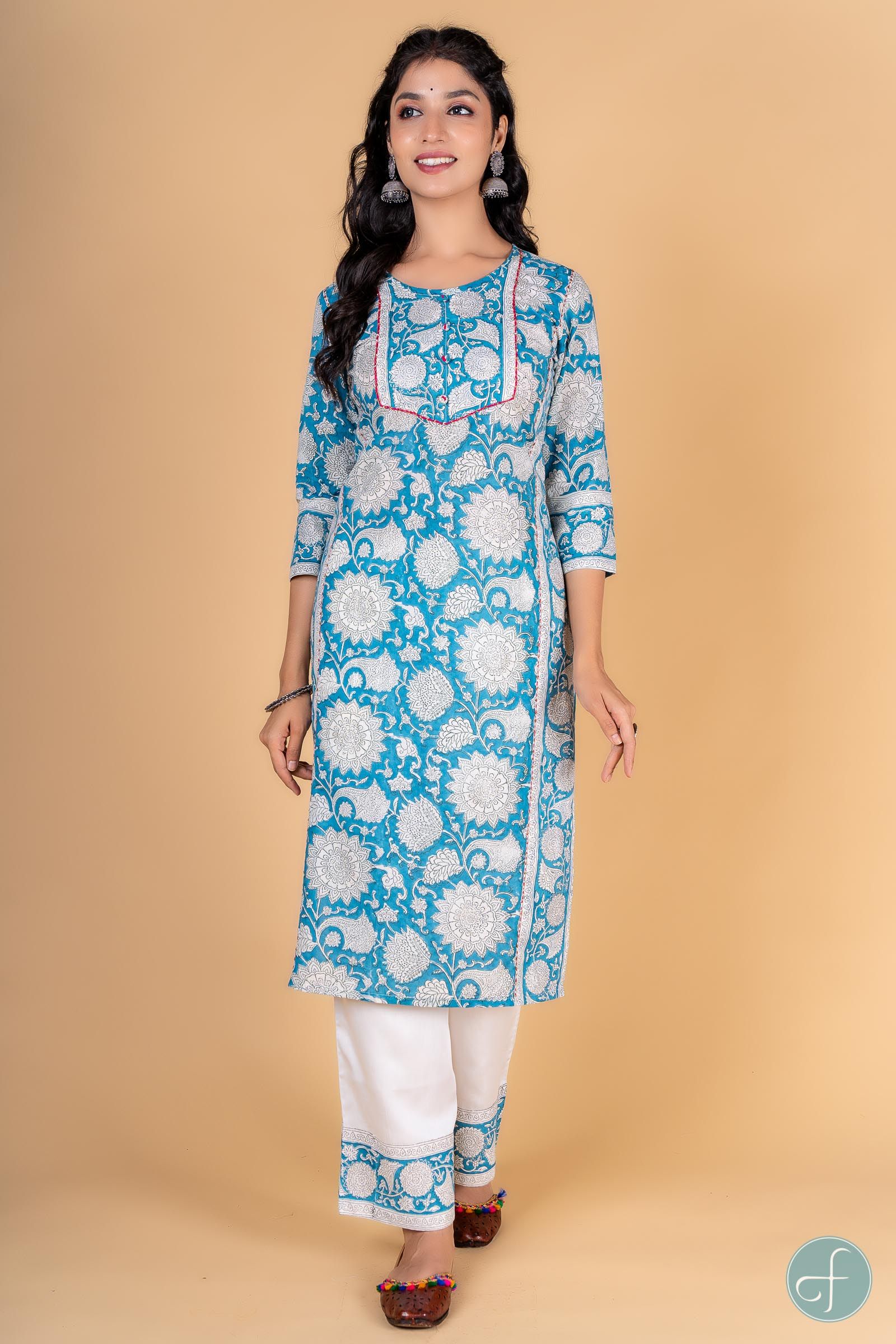 Breezy Blue Block Printed Kurta