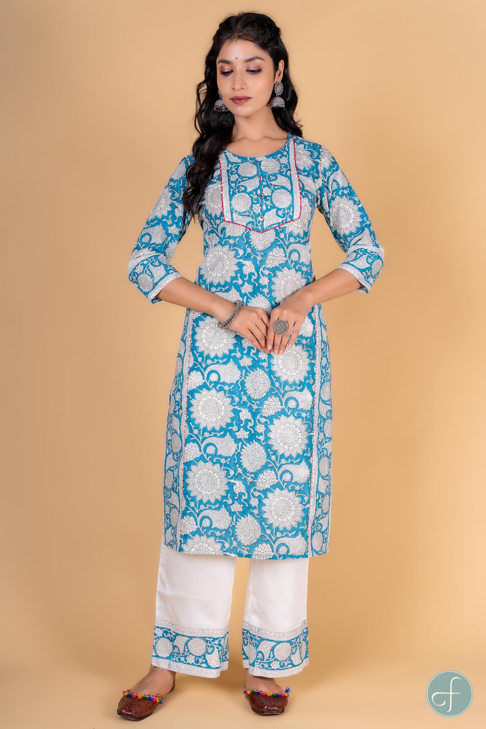 Breezy Blue Block Printed Kurta