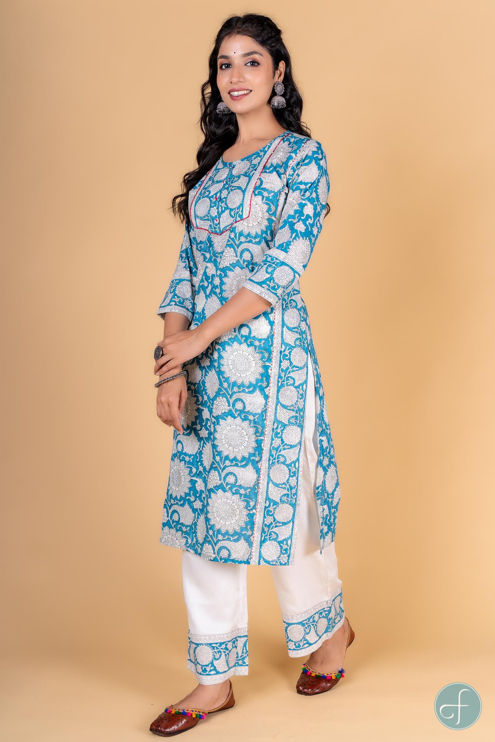 Breezy Blue Block Printed Kurta