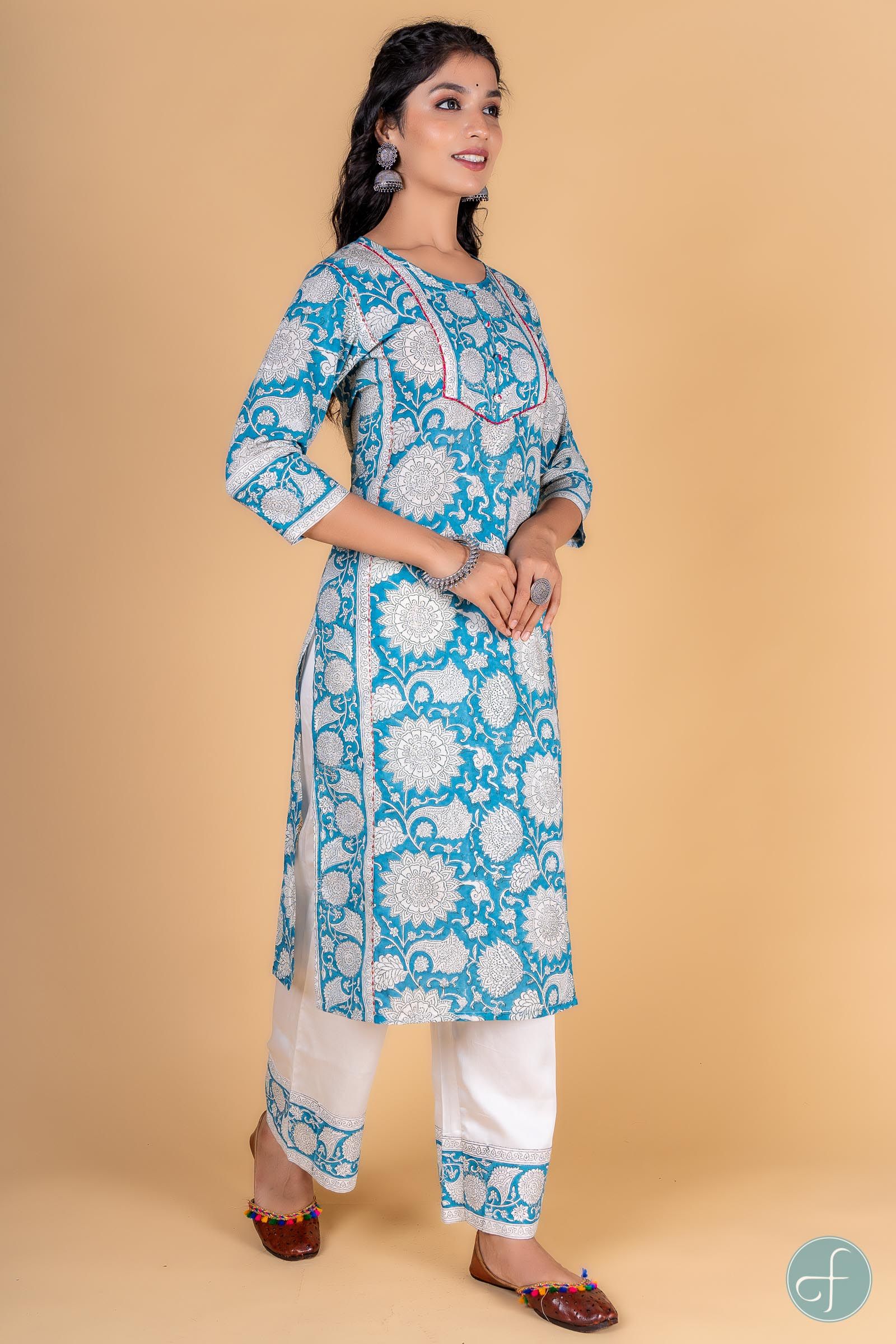 Breezy Blue Block Printed Kurta