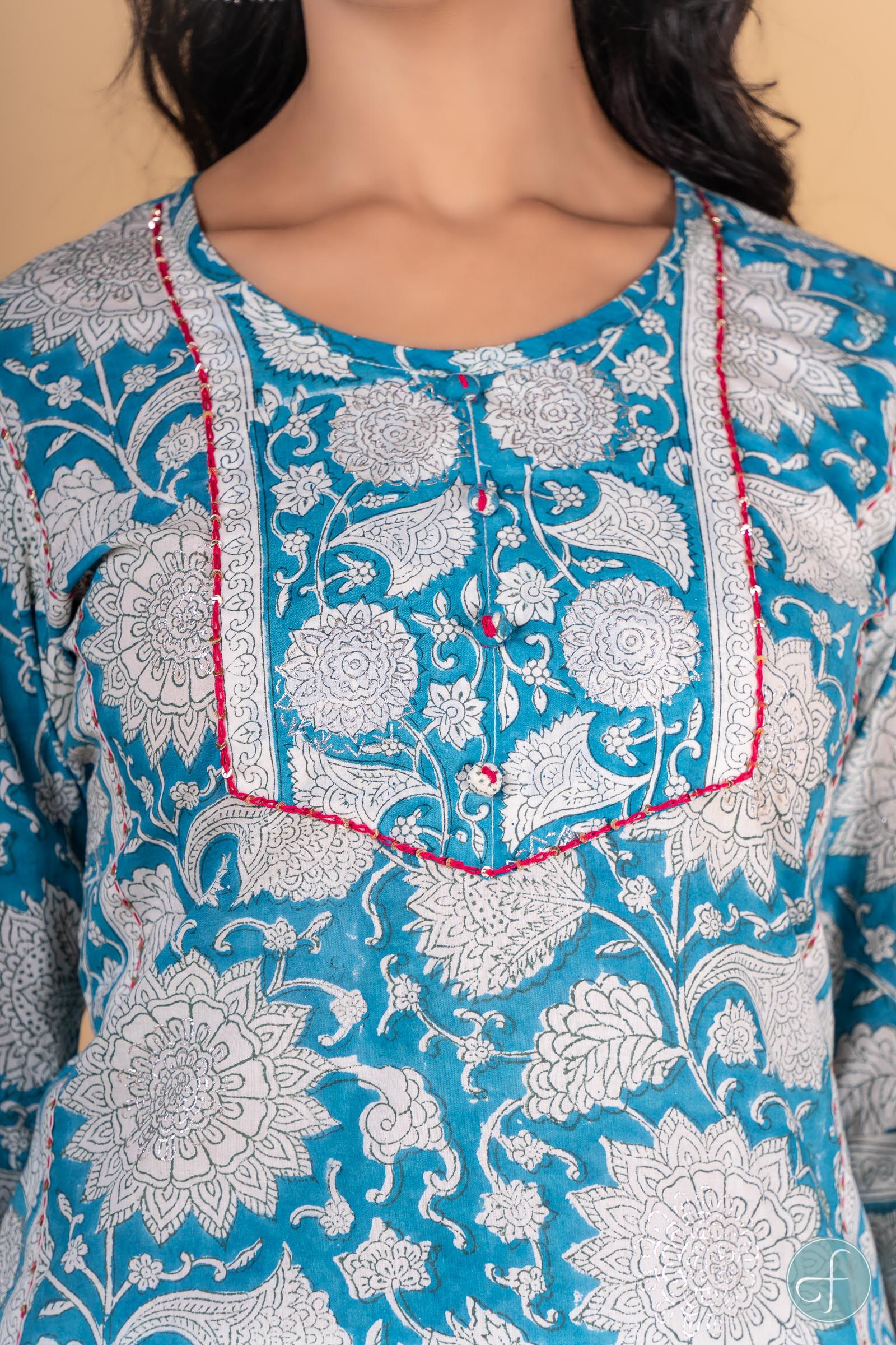 Breezy Blue Block Printed Kurta