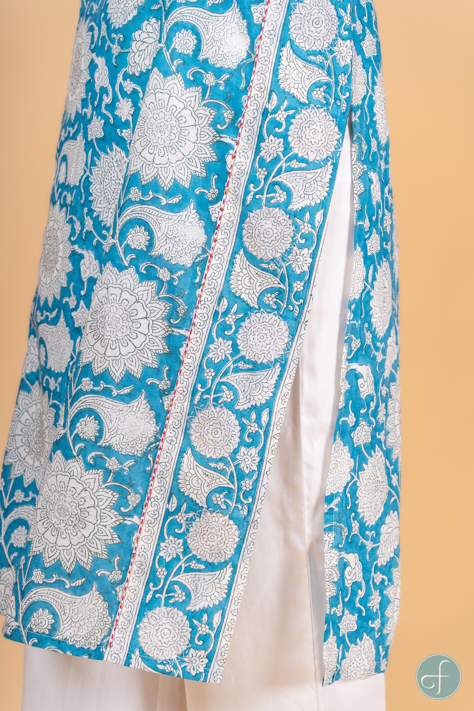 Breezy Blue Block Printed Kurta