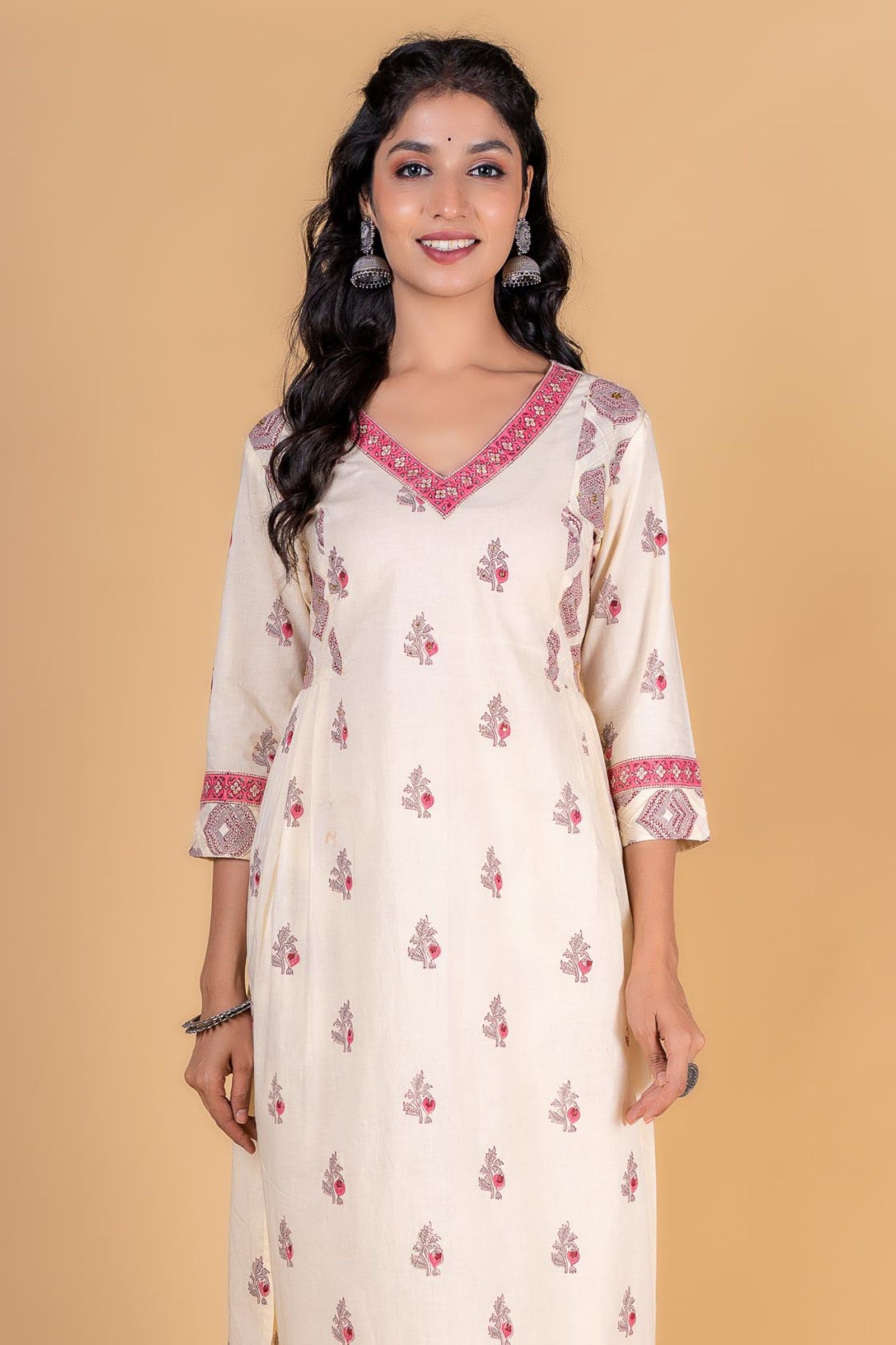 Double Cream Pink A Line Kurta 