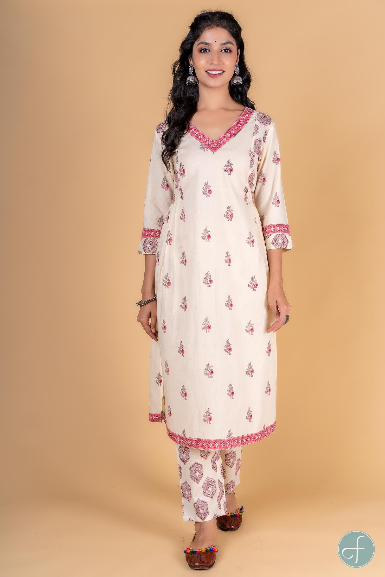 Double Cream Pink A Line Kurta 