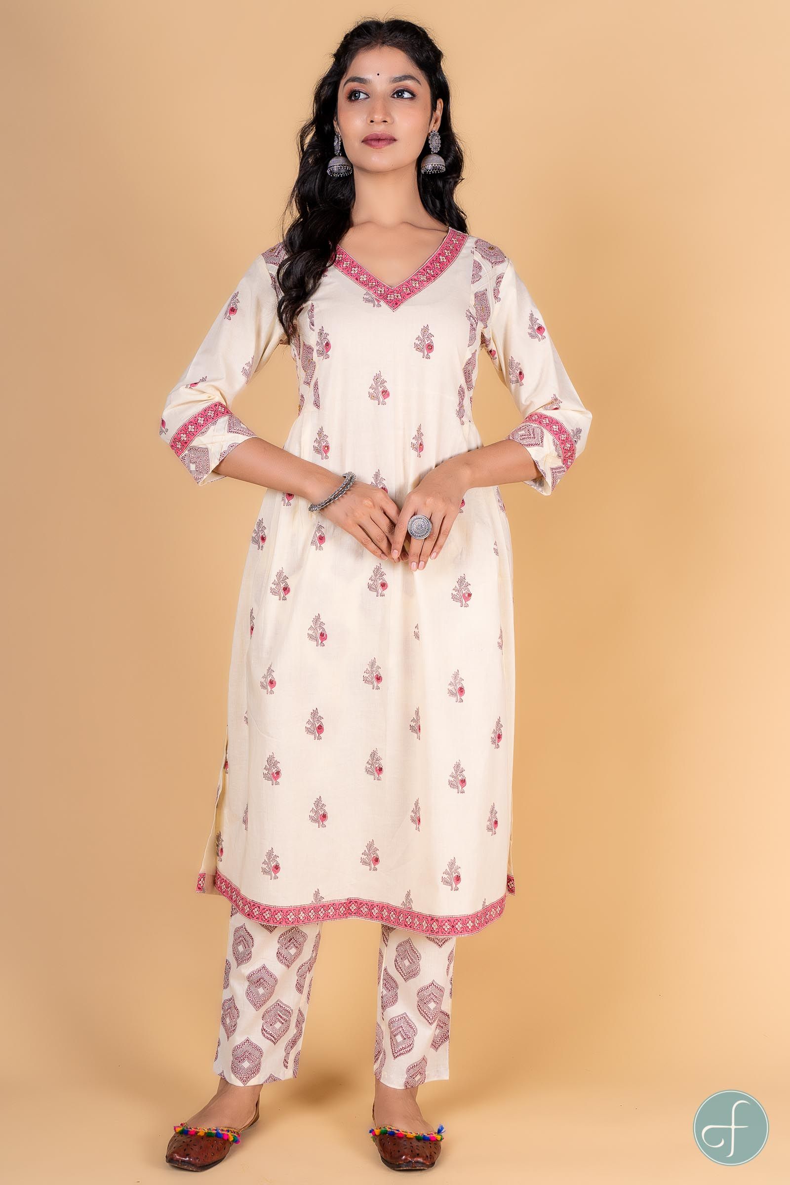 Double Cream Pink A Line Kurta 