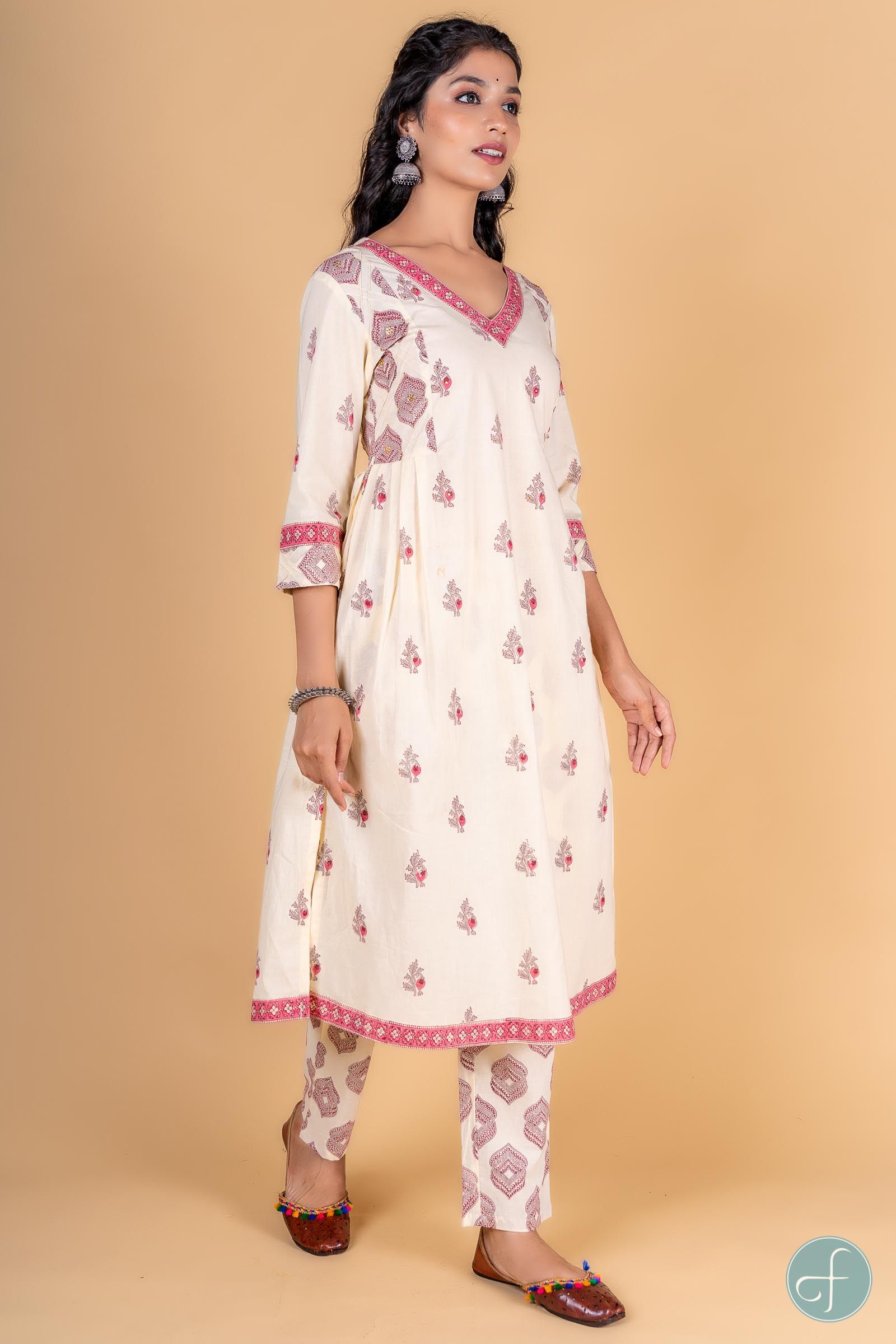 Double Cream Pink A Line Kurta 