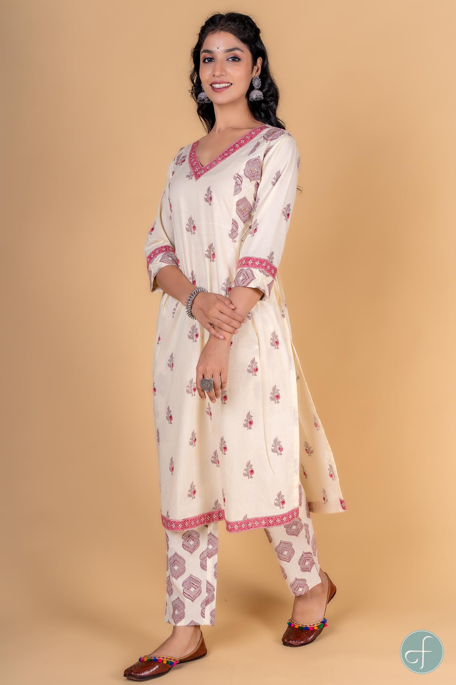 Double Cream Pink A Line Kurta 