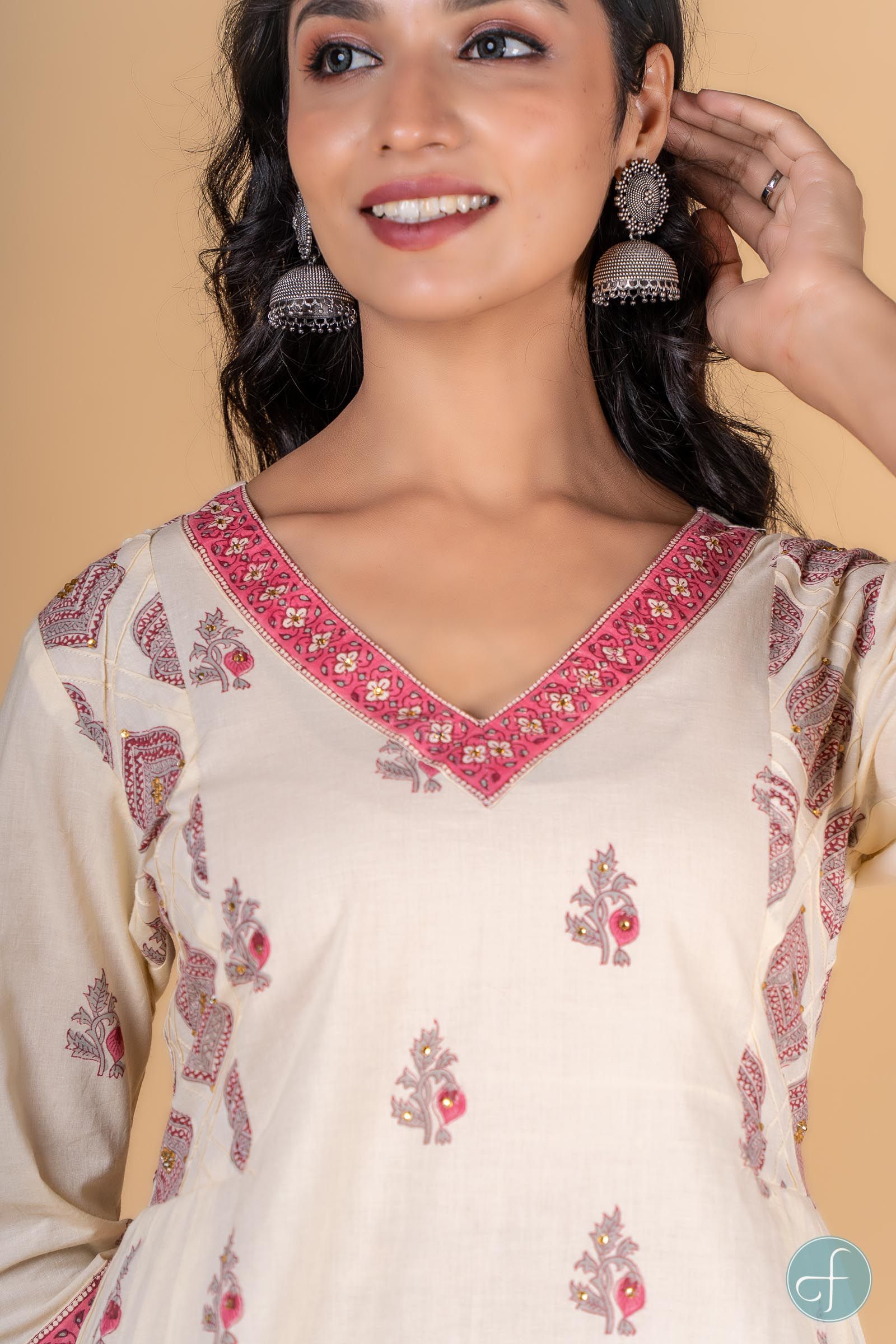 Double Cream Pink A Line Kurta 