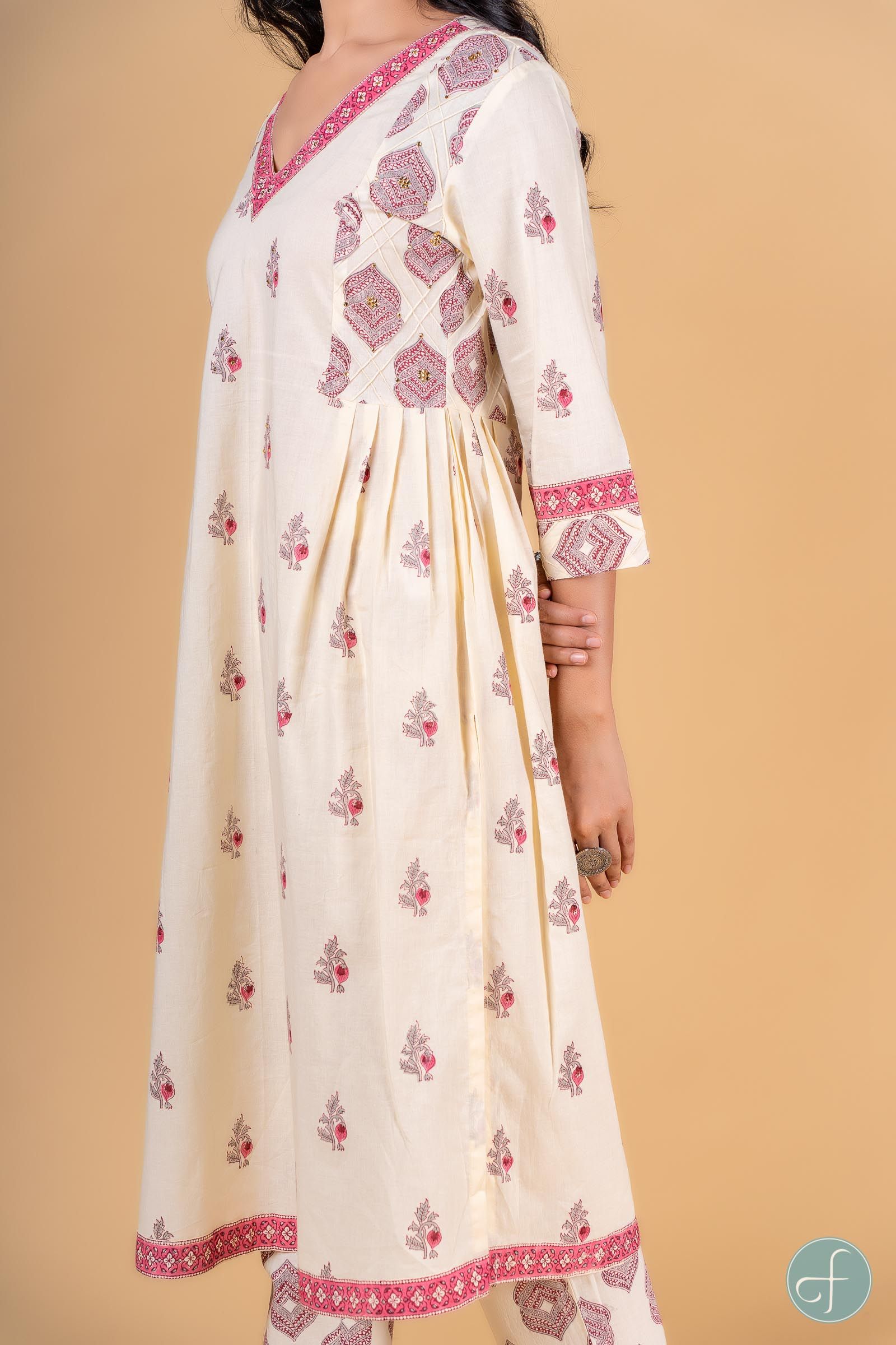 Double Cream Pink A Line Kurta 