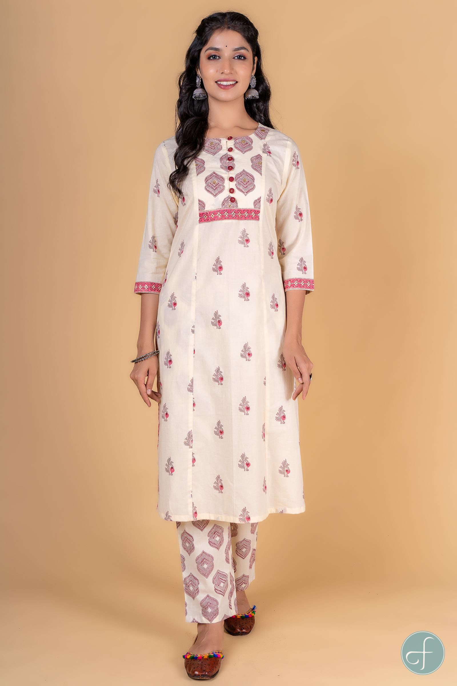 Cannoli Cream Pink Block Printed Kurta 