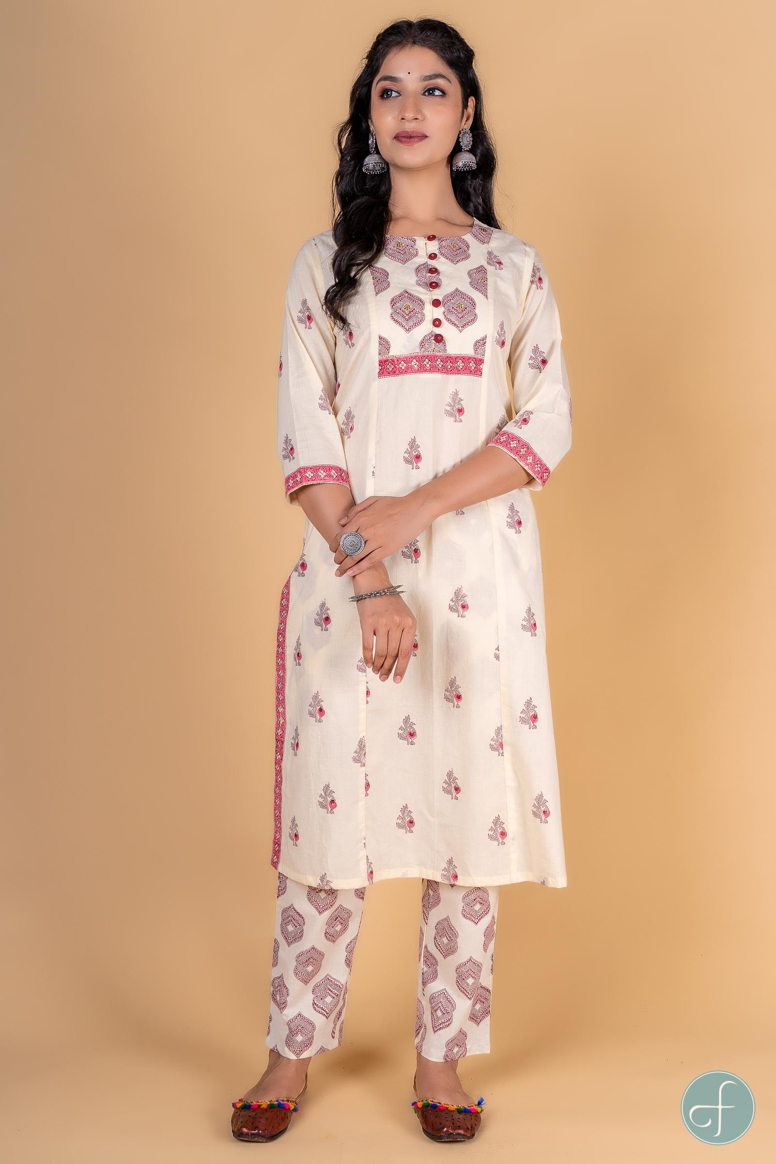 Cannoli Cream Pink Block Printed Kurta 