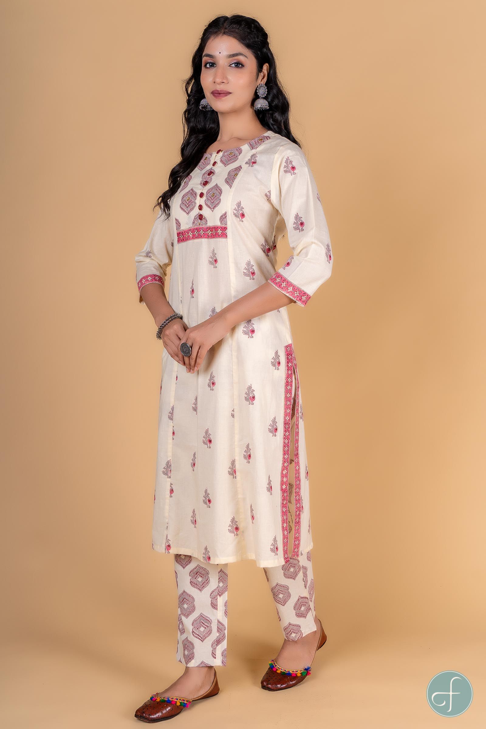 Cannoli Cream Pink Block Printed Kurta 