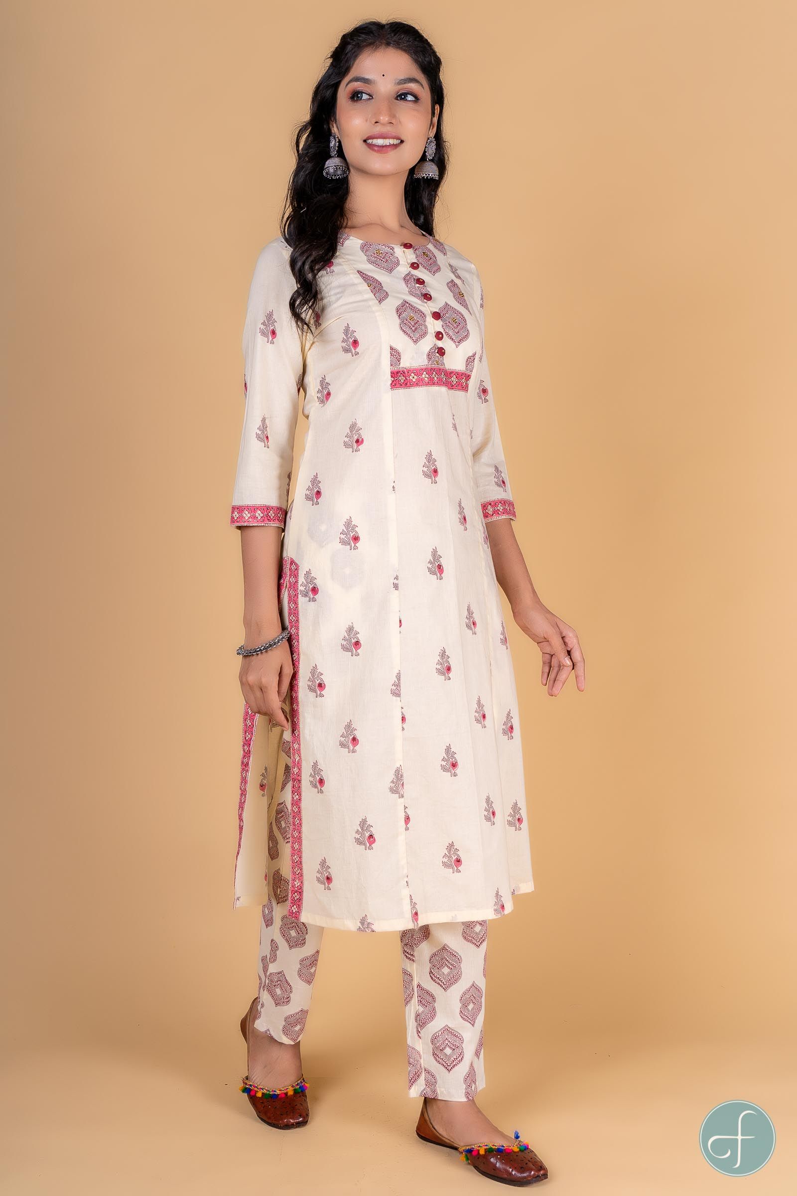 Cannoli Cream Pink Block Printed Kurta 