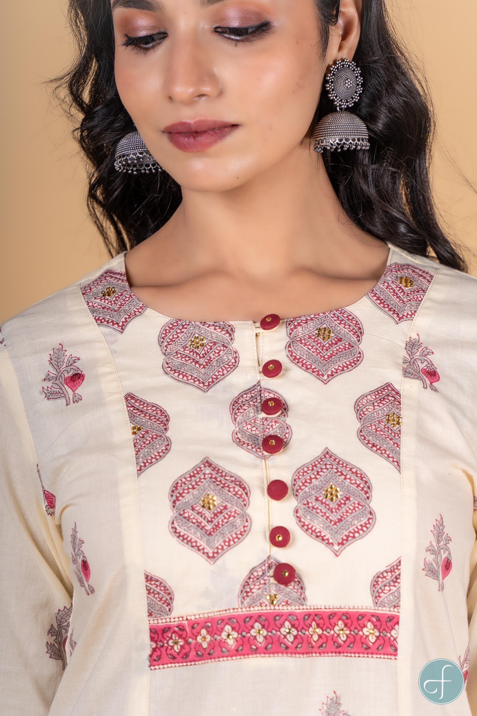 Cannoli Cream Pink Block Printed Kurta 