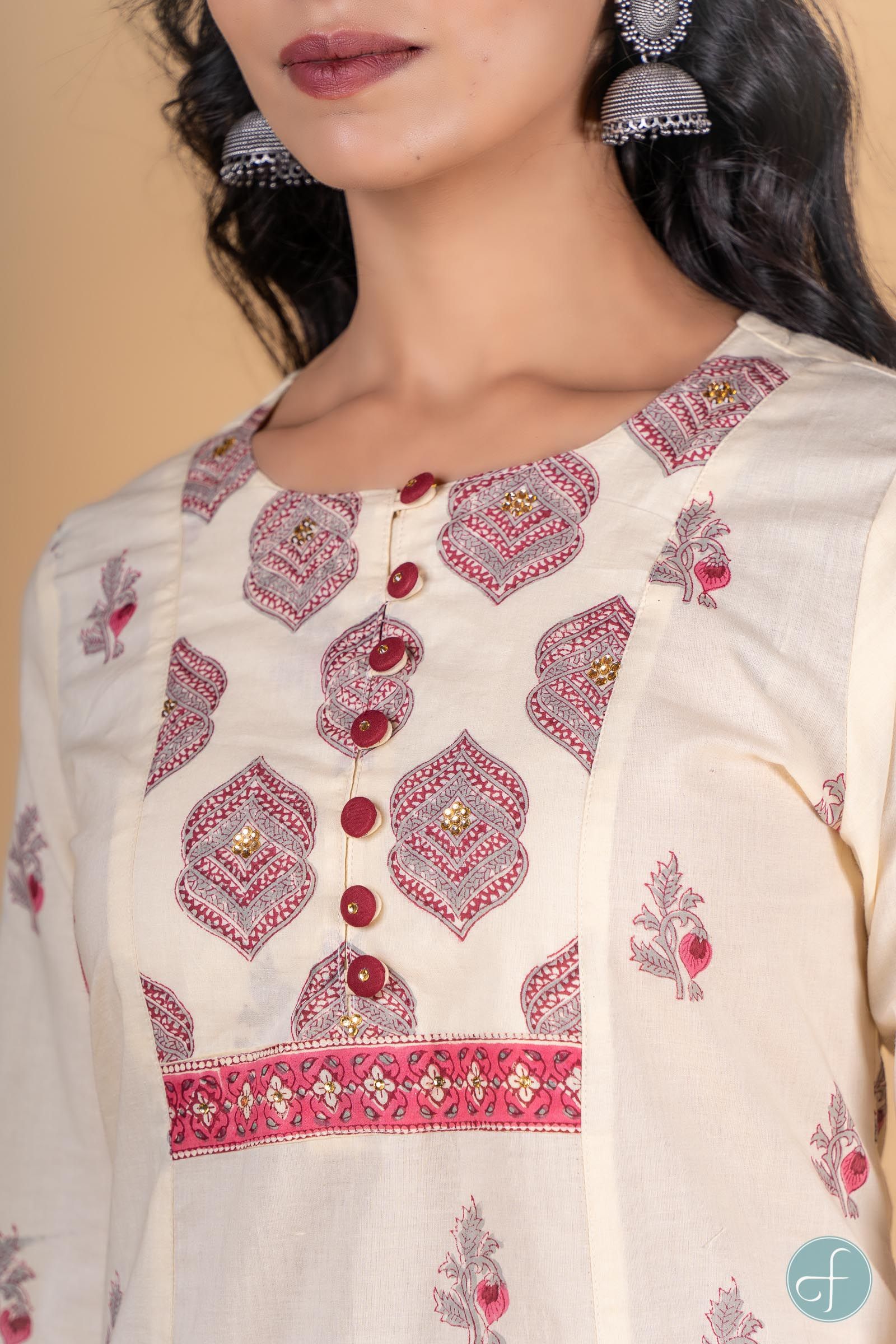 Cannoli Cream Pink Block Printed Kurta 