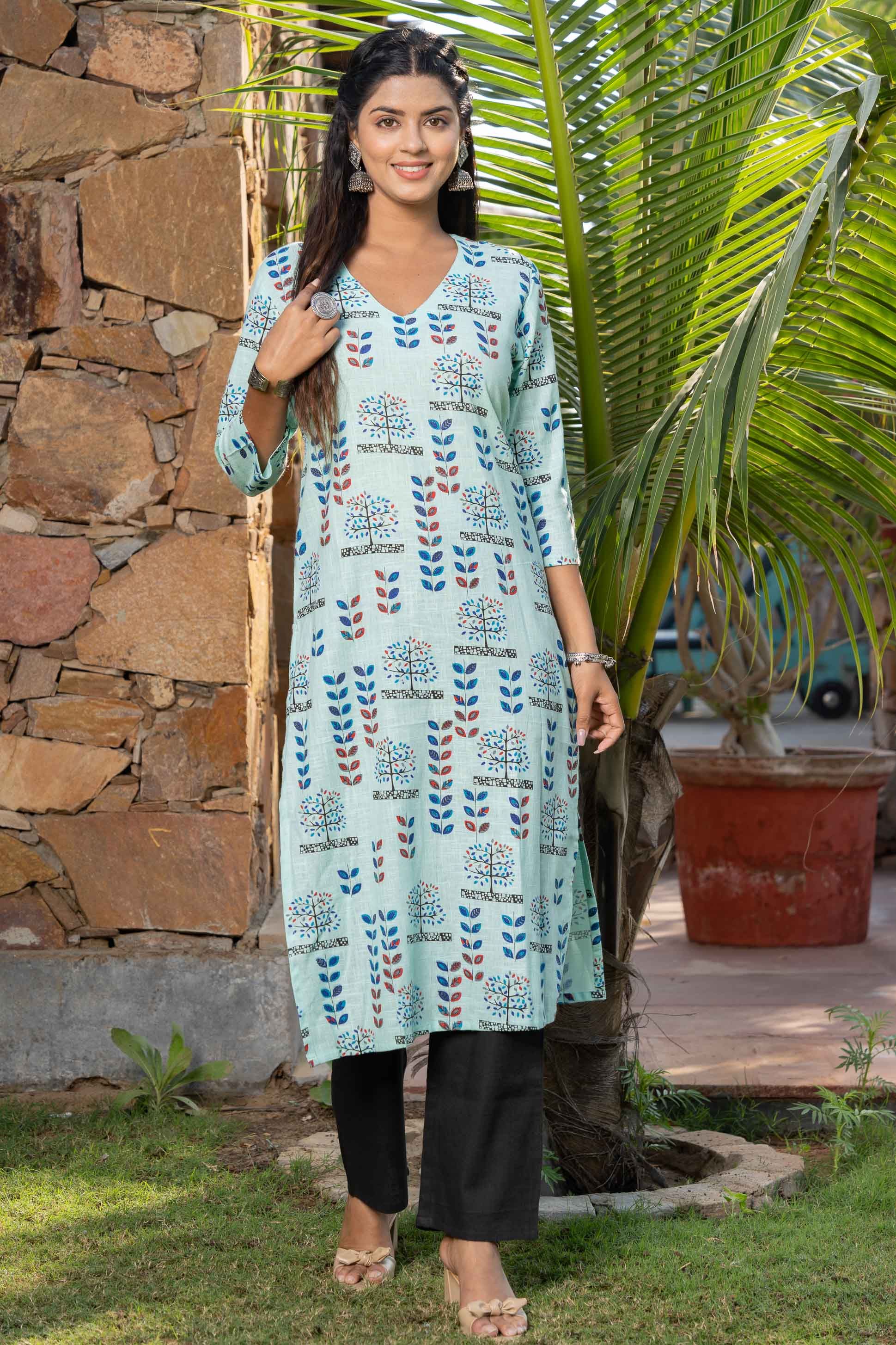 Green Printed Slub Cotton Kurta