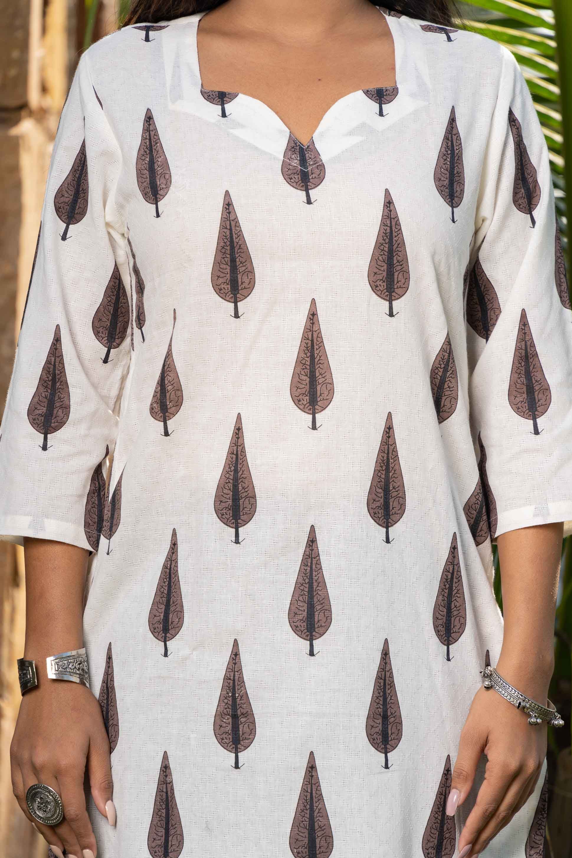 White Leaf Printed Kurta 