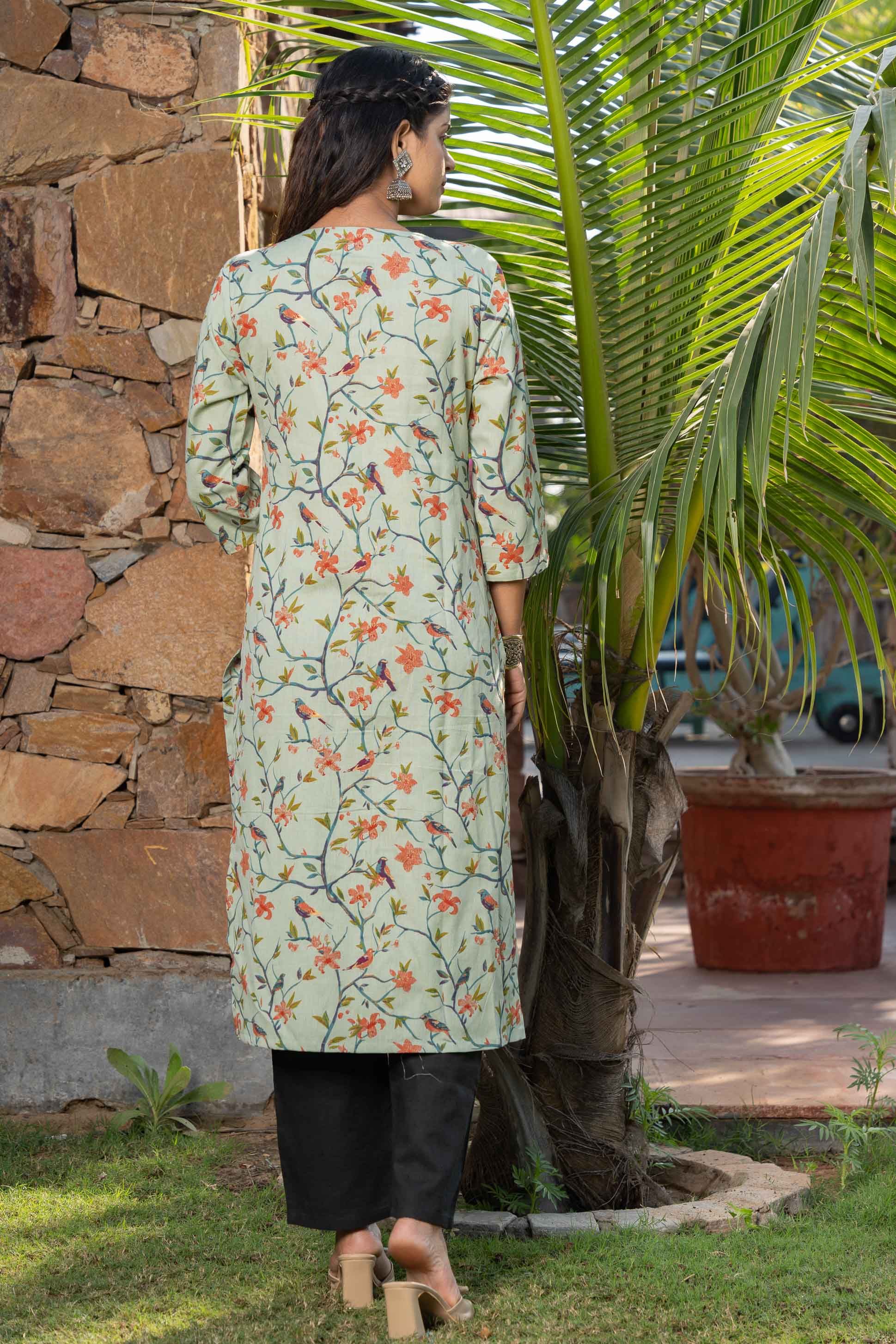 Green Printed Cotton Kurta 