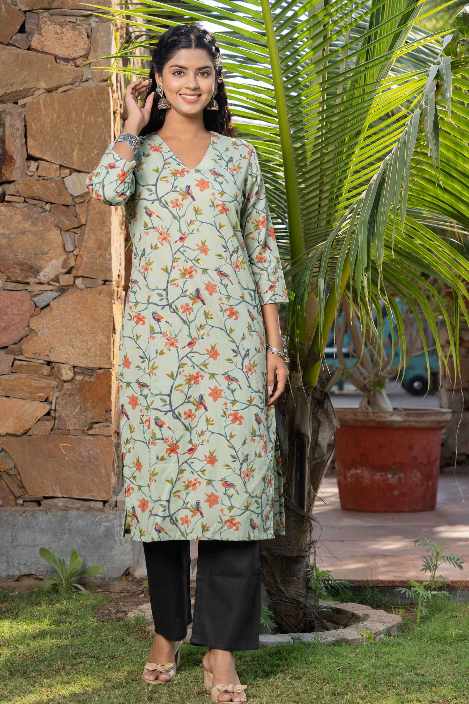 Green Printed Cotton Kurta 