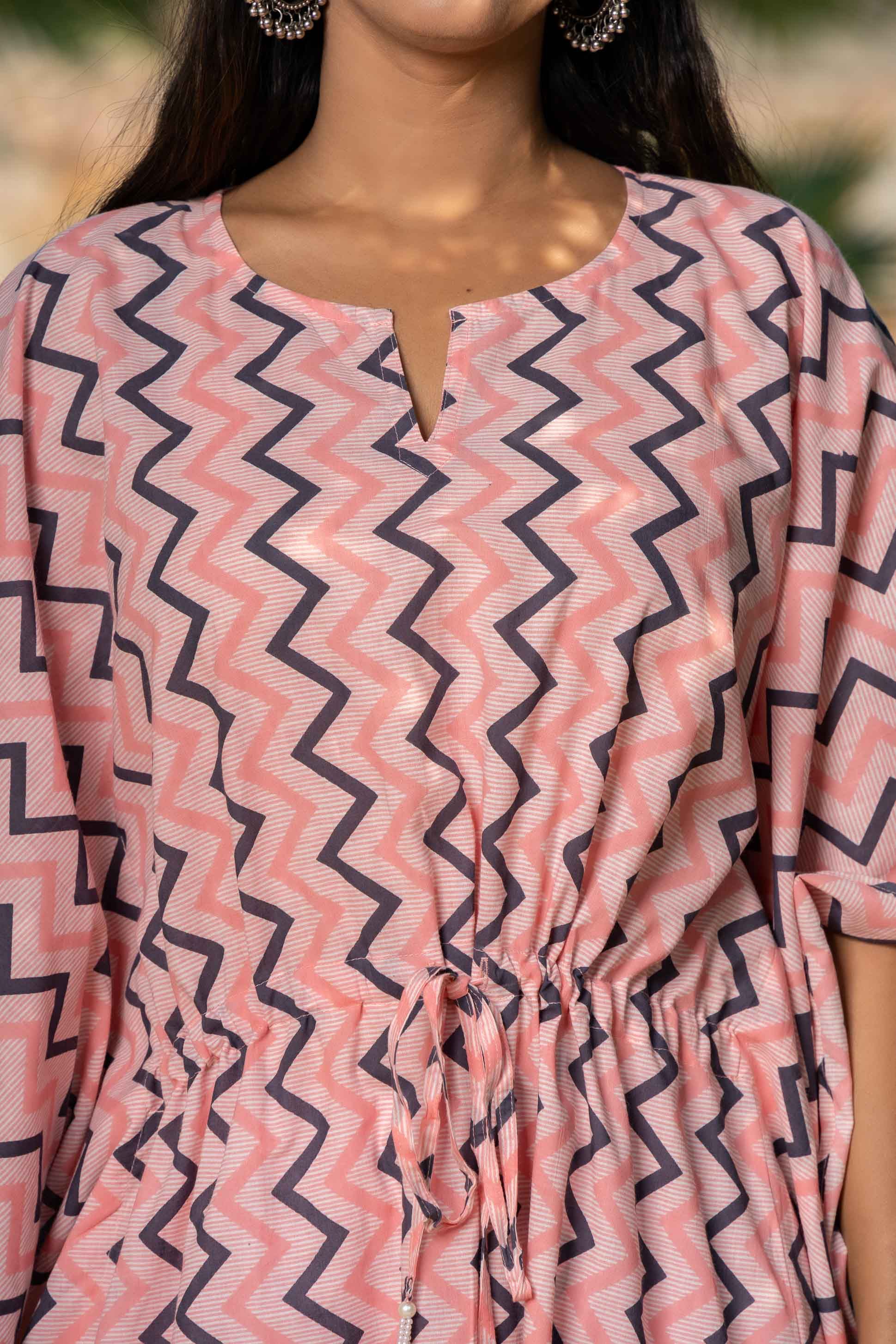 Pink Chevron Printed Cotton Kaftan