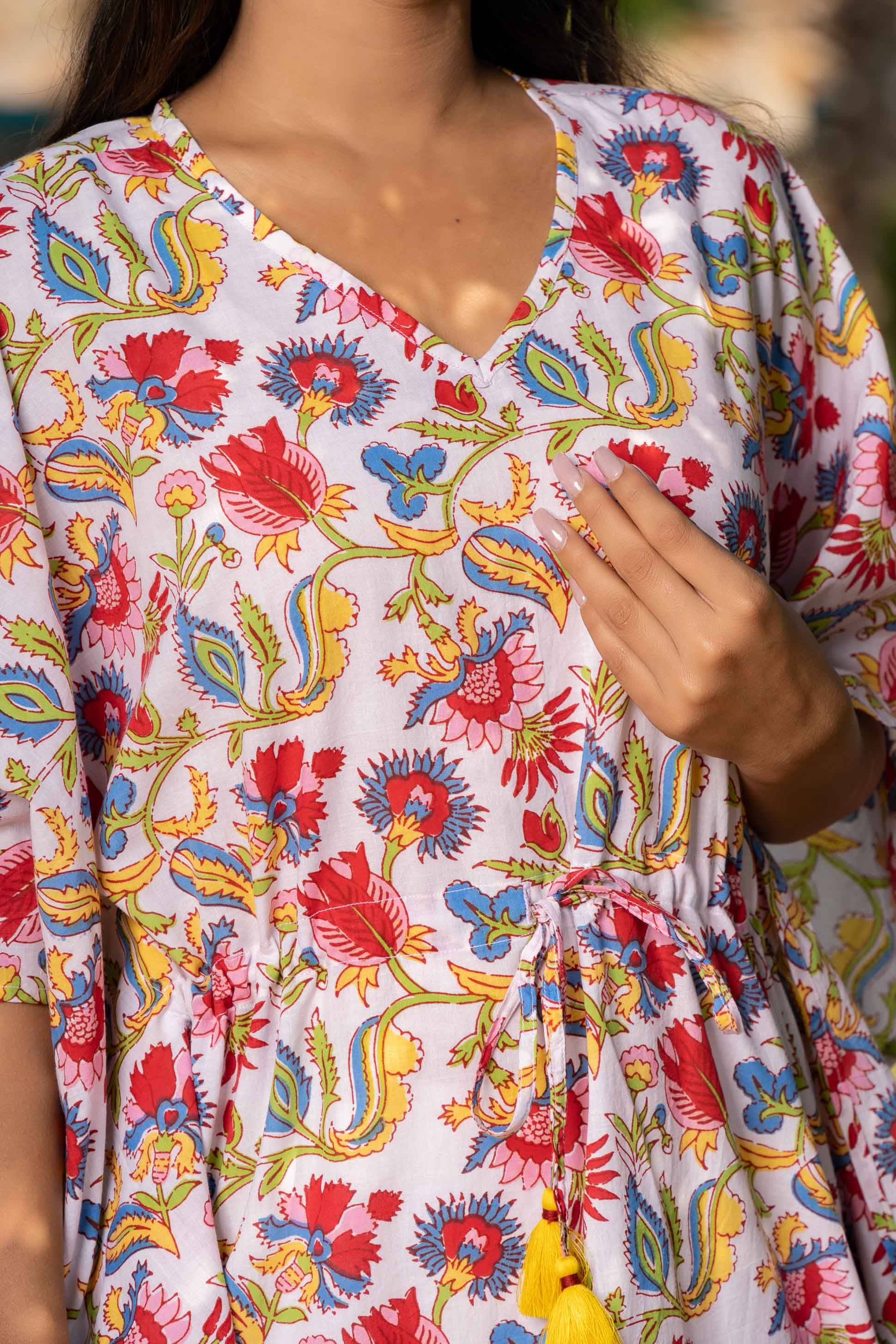 Multicolor Floral Printed Cotton Kaftan